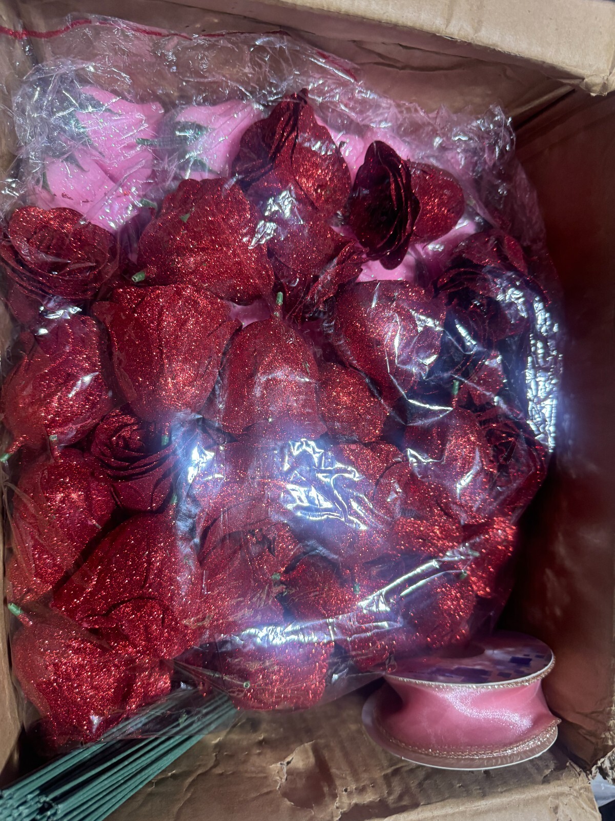 huge lot of 125 glitter roses, 100 stems, wrapping paper