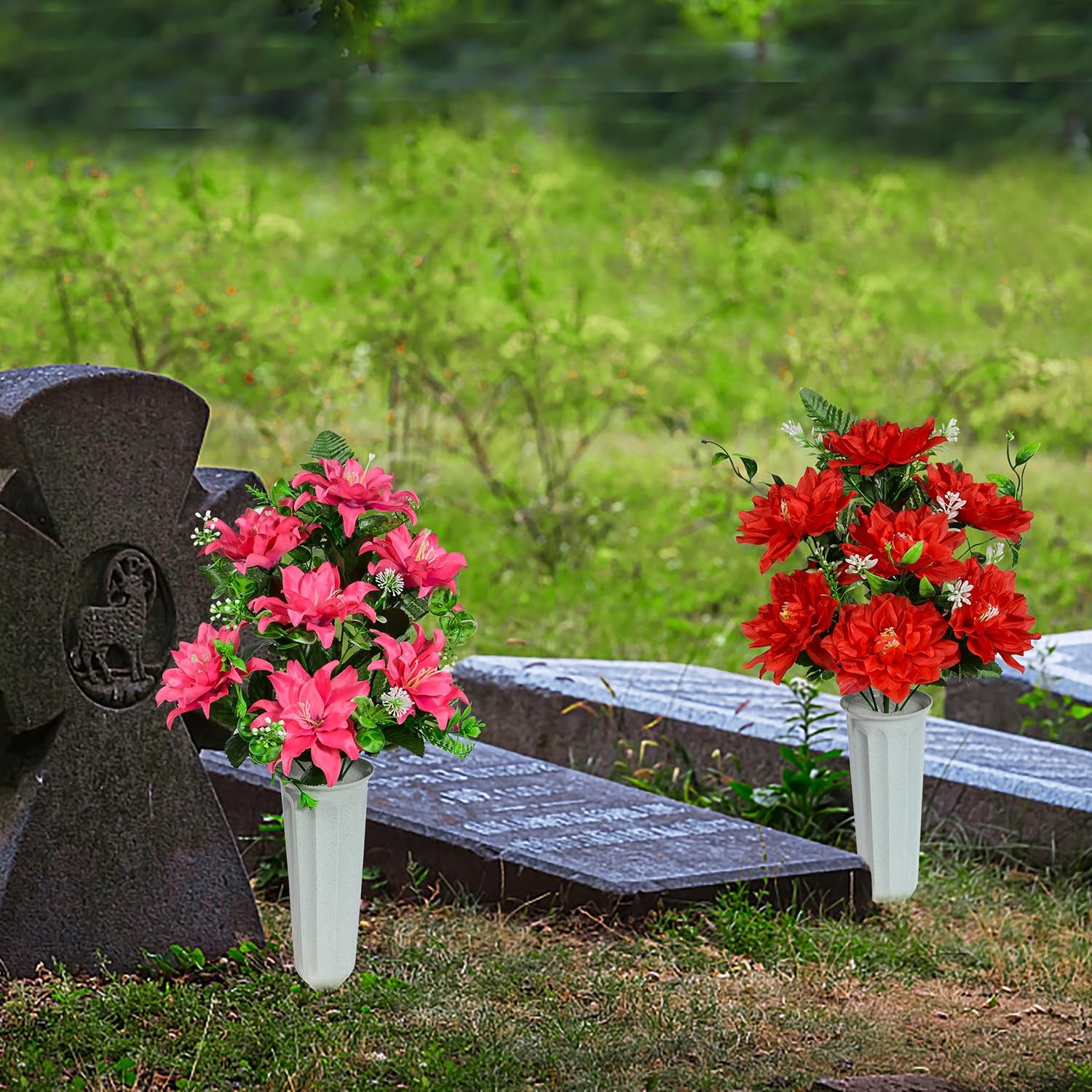 4 Set Red Artificial Cemetery Flowers Grave Memorial Flowers with Vase Bouquets