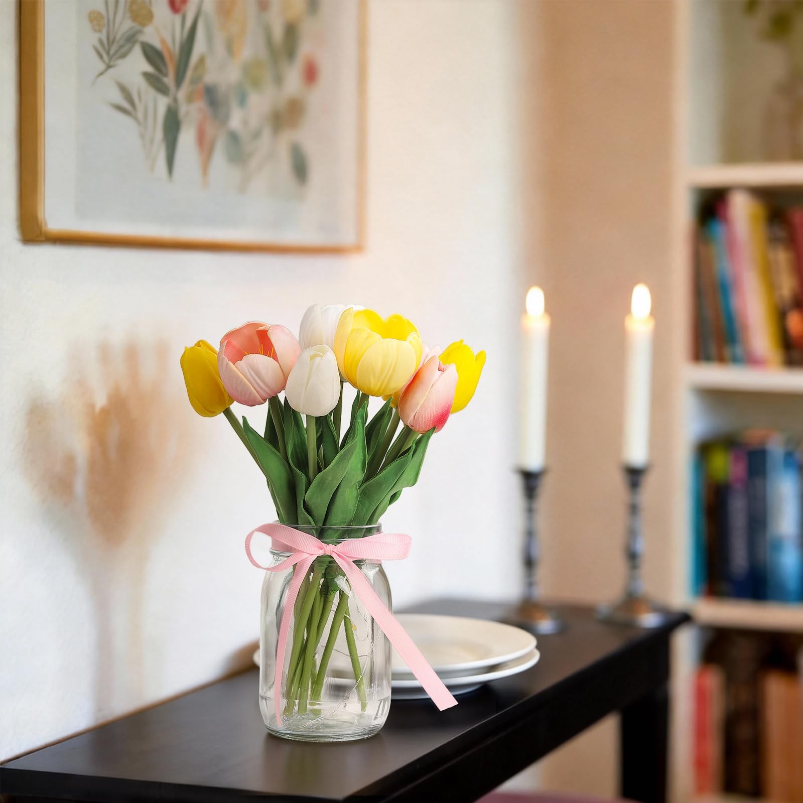 Artificial Tulips Flowers in Glass Vase with Faux Water, Real Touch Fake Tuli…