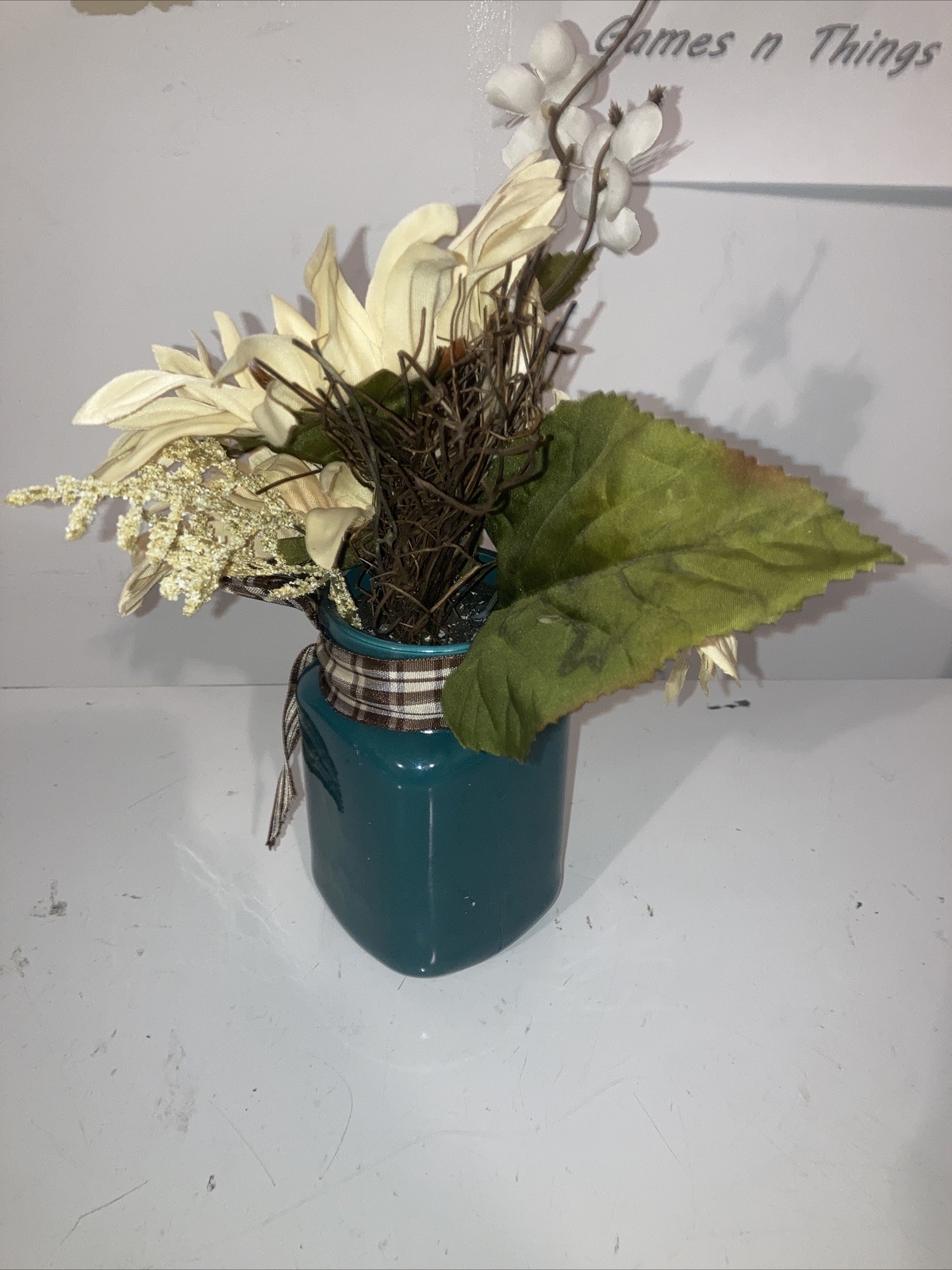 Floral Arrangement Sunflowers In Mason Jar Mug 11” Tall 5-6” Wide