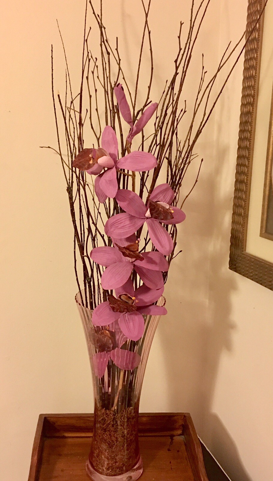 Floral Arrangement Wedding Centerpiece Birch Branches Pink Glass Vase Handmade