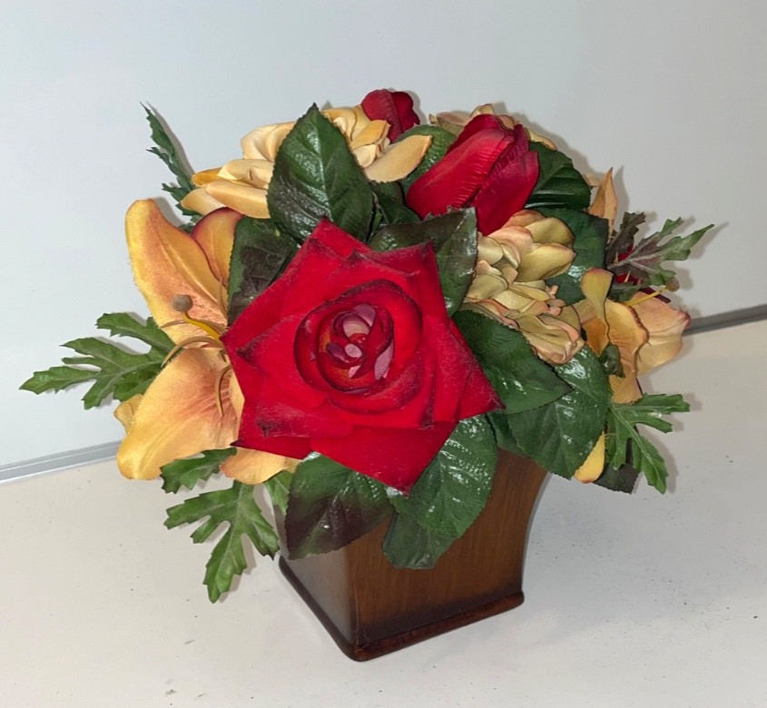 Red & Yellow Faux Flower Roses Centerpiece Beige Mahoga Brown Neutral Home Decor