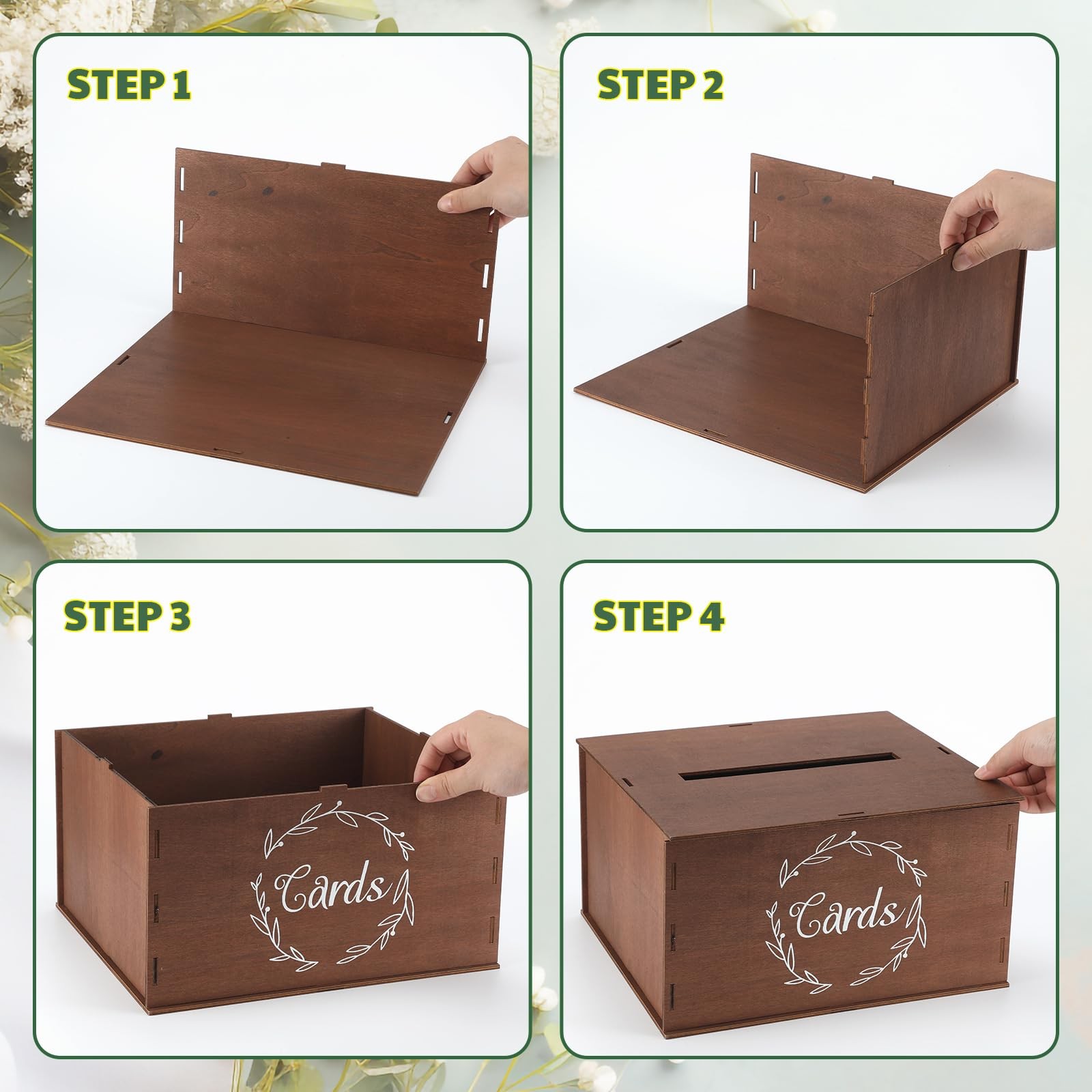 Wooden Wedding Card Box Slot Lid Artificial Eucalyptus Branch Decor