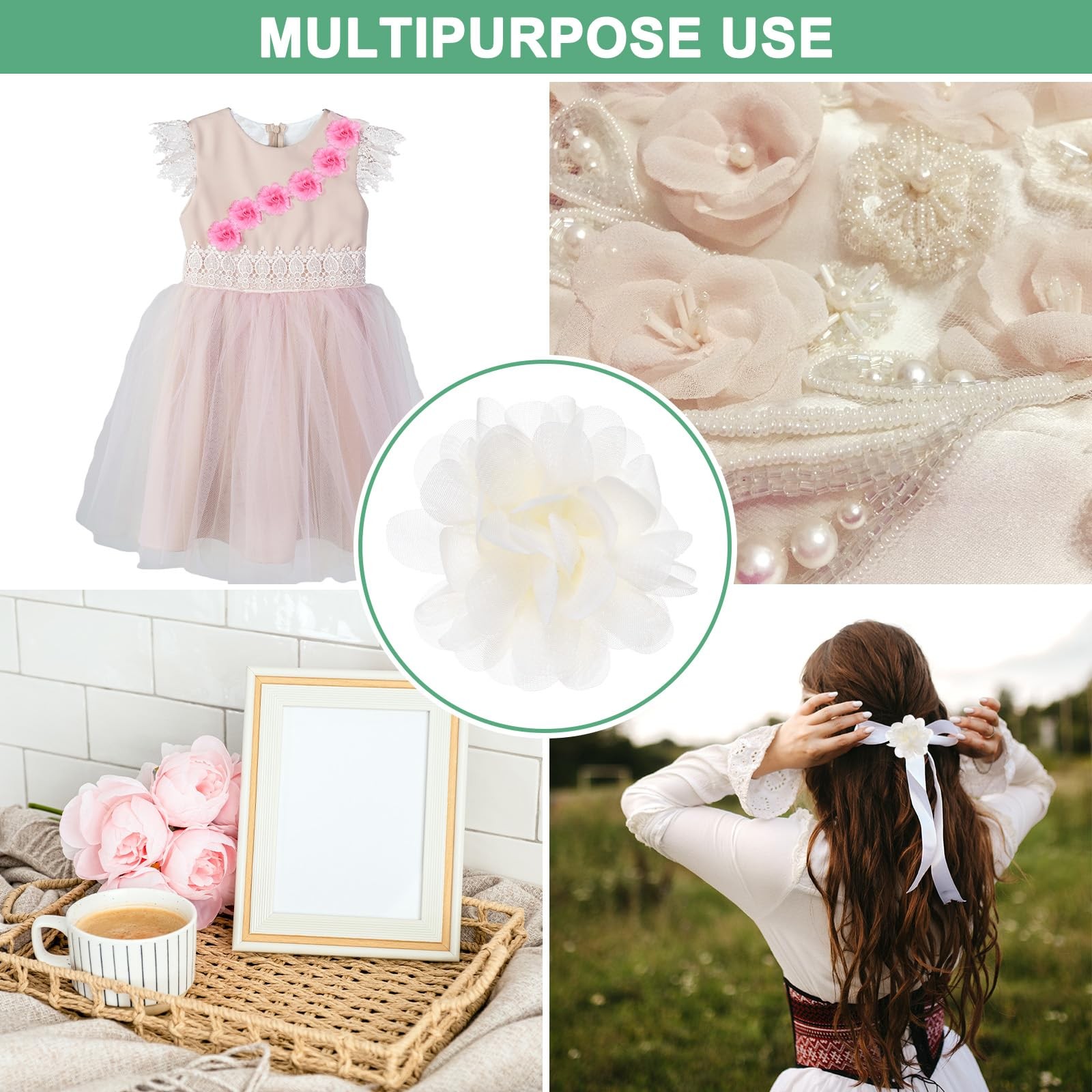 12 PCS Chiffon Flowers 2.76×2.76 Inch Mesh Fabric Home Wedding Decor Beige