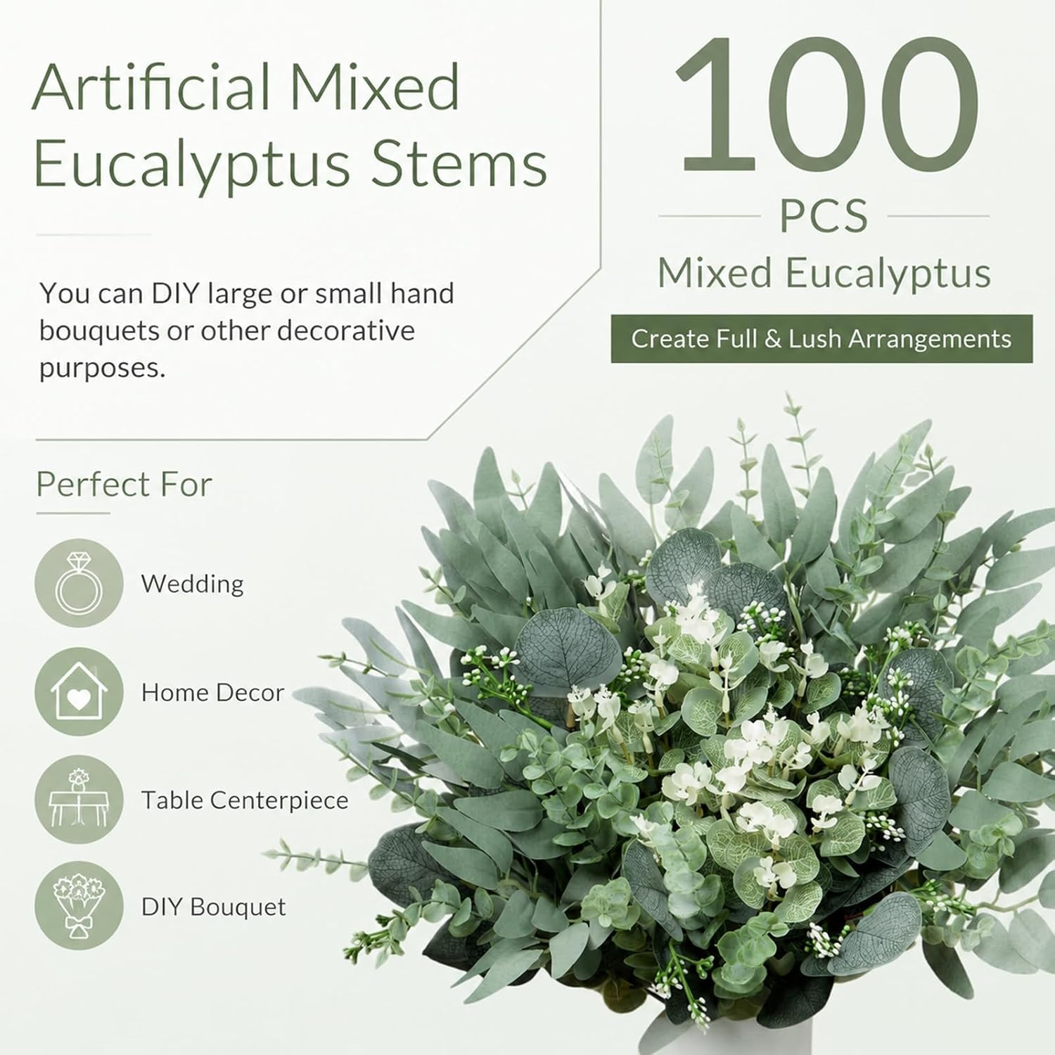 100 Pcs Mixed Artificial Eucalyptus Stems Leaves Bulk, 4 Kinds Faux Greenery Sil