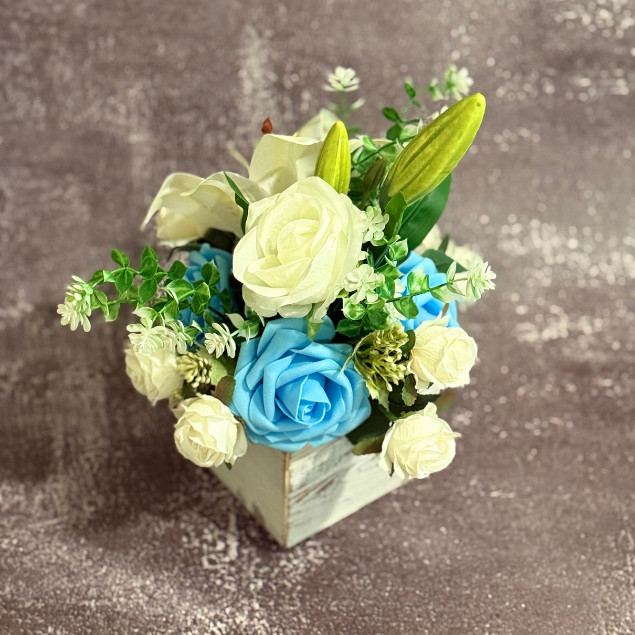 White Lily Blue Rose Centerpiece Faux Floral Arrangement Wooden Box Home Decor