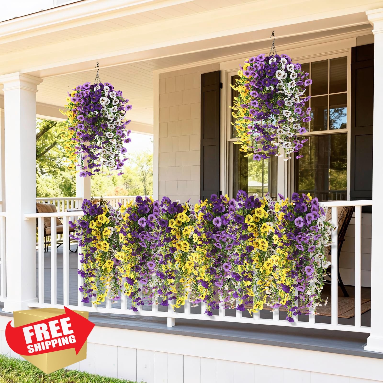 4pc Purple Yellow White Fake Hanging Pansy Flowers UV Resistant Silk Outdoor