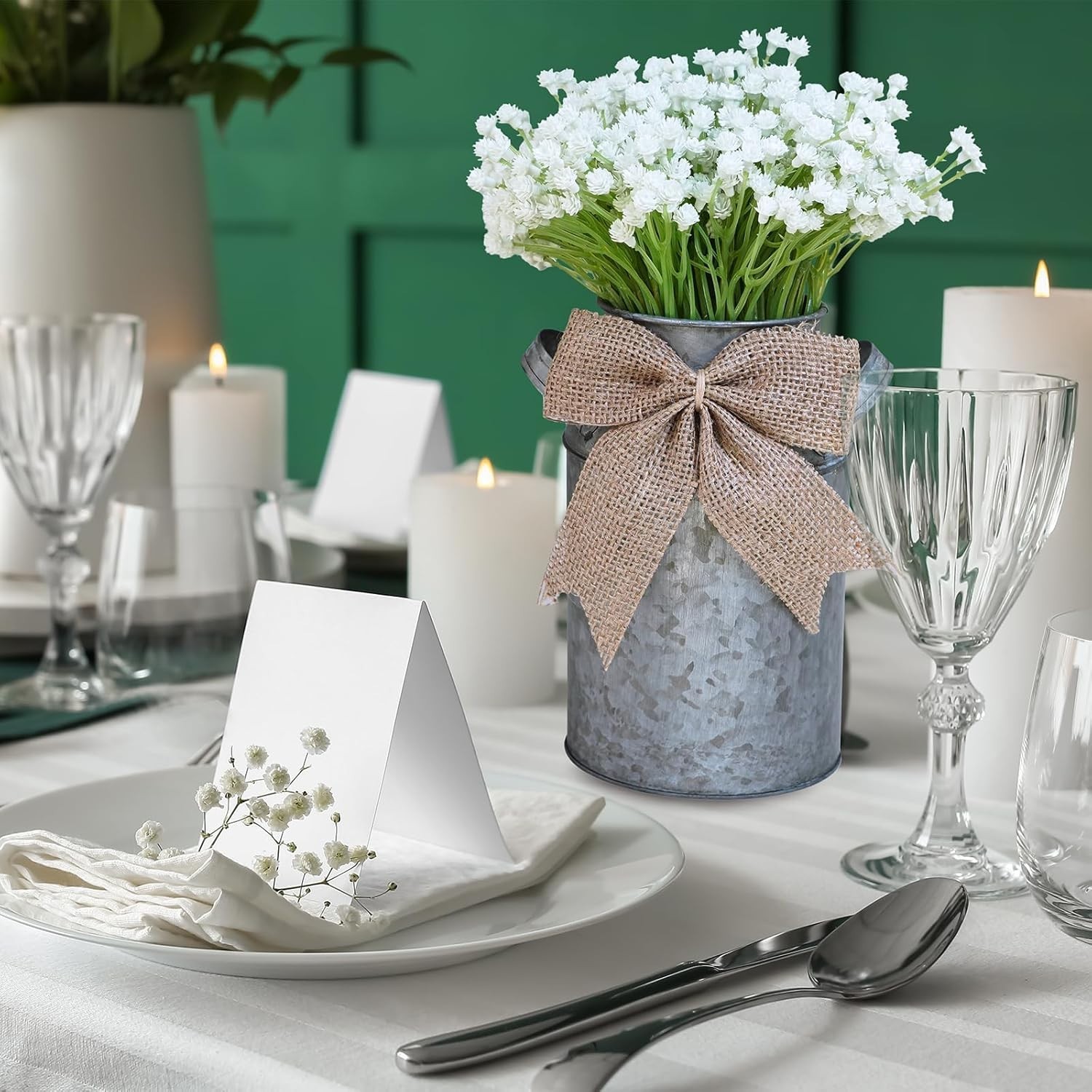 Winlyn Artificial Baby’s Breath Centerpiece with Rustic Galvanized Metal Can 11″