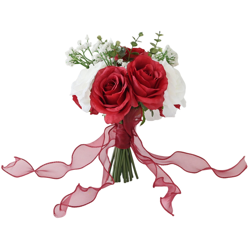 Silk Wedding Bridal Bouquet Artificial Handheld Roses with Bow Decoration