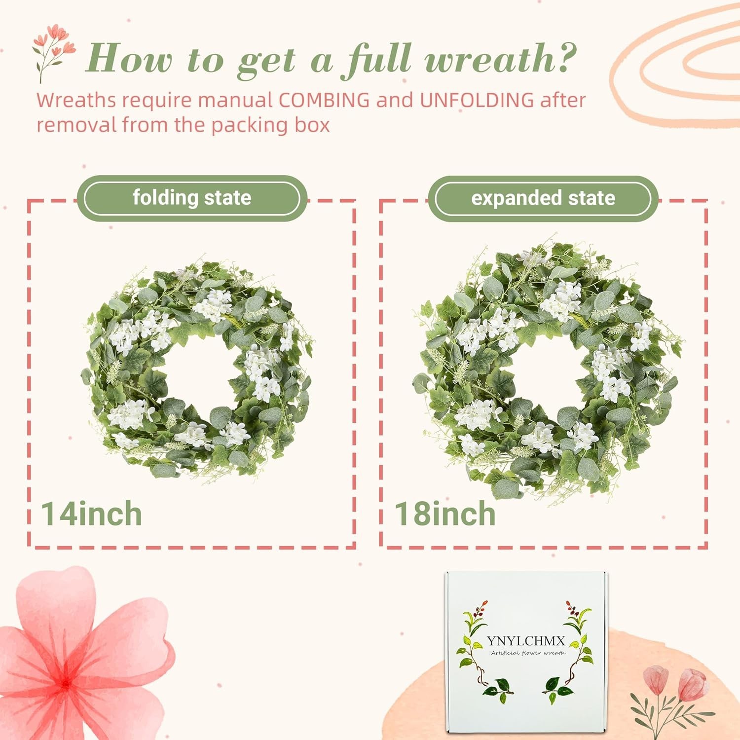 18-Inch Artificial Spring Summer Wreath with Eucalyptus and White Flowers