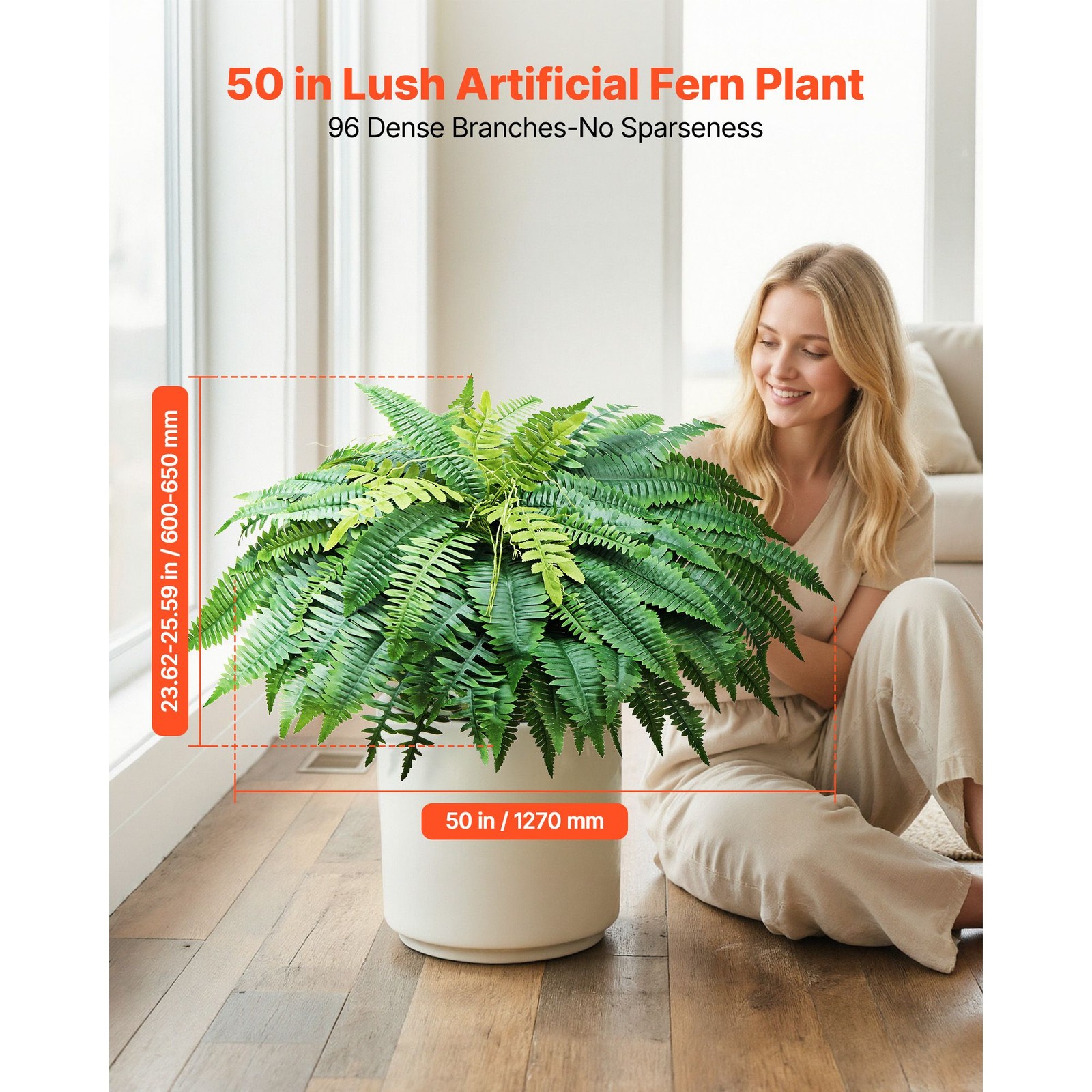 50in Boston Fern Replica, 96-Frond Faux Greenery, Indoor Outdoor Decor