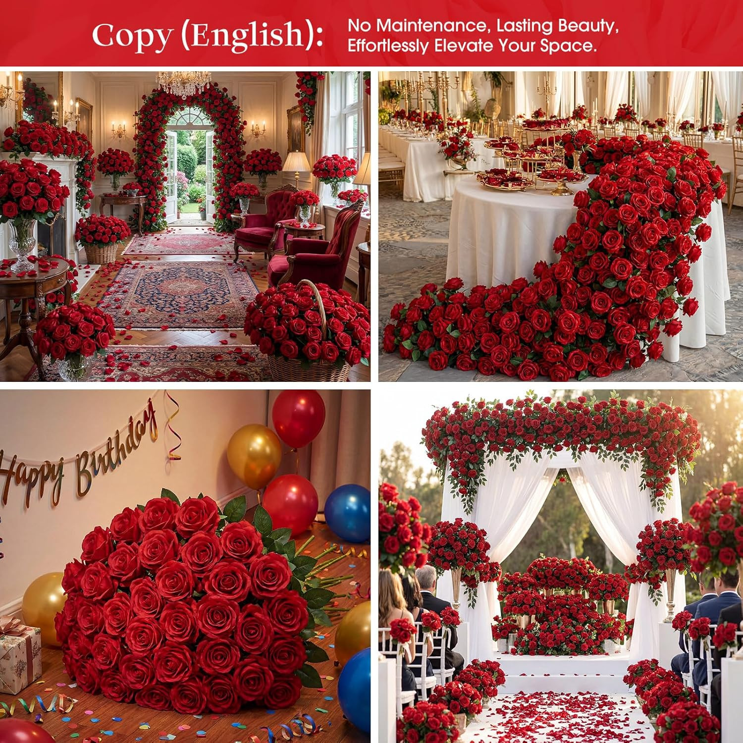 1000 Pcs Red Silk Roses – Realistic Faux Flowers for Weddings & Events