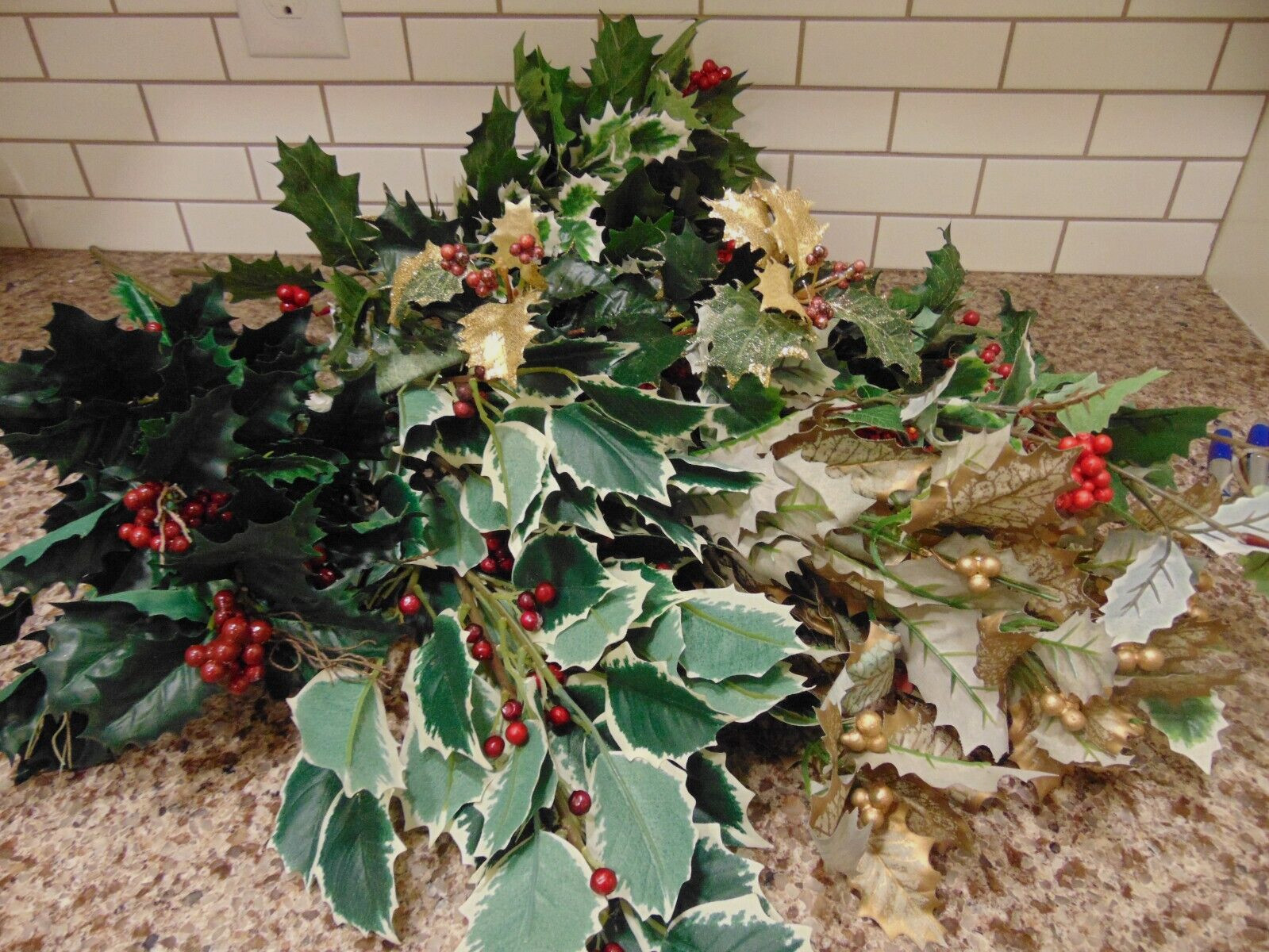 Lot of 8 Bunches Stems Holly Berry Bush Christmas Decoration Silk 17-30″