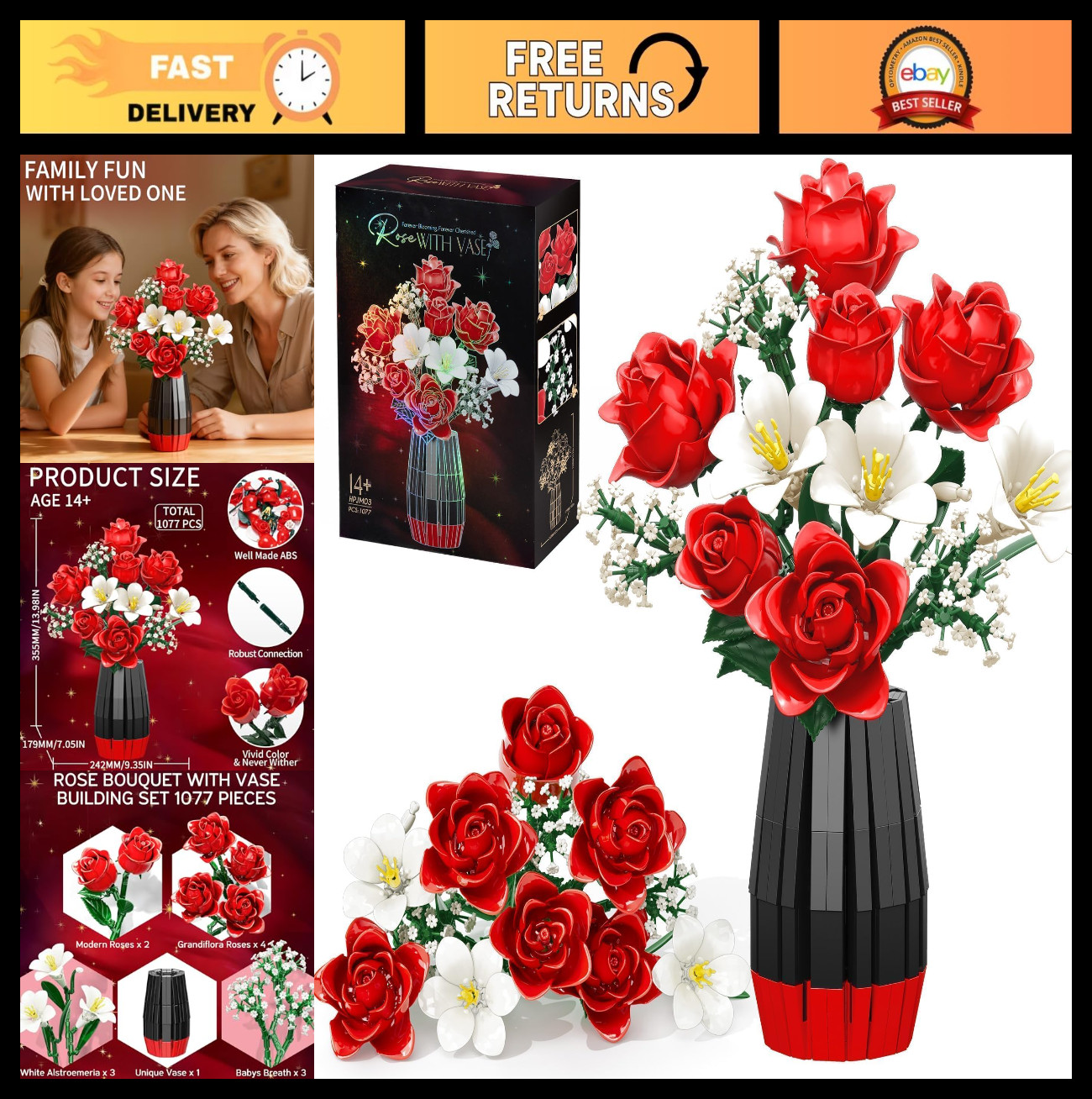 1077 PCS Artificial Rose Flower Bouquet Building Set with Vase – Perfect Gift fo