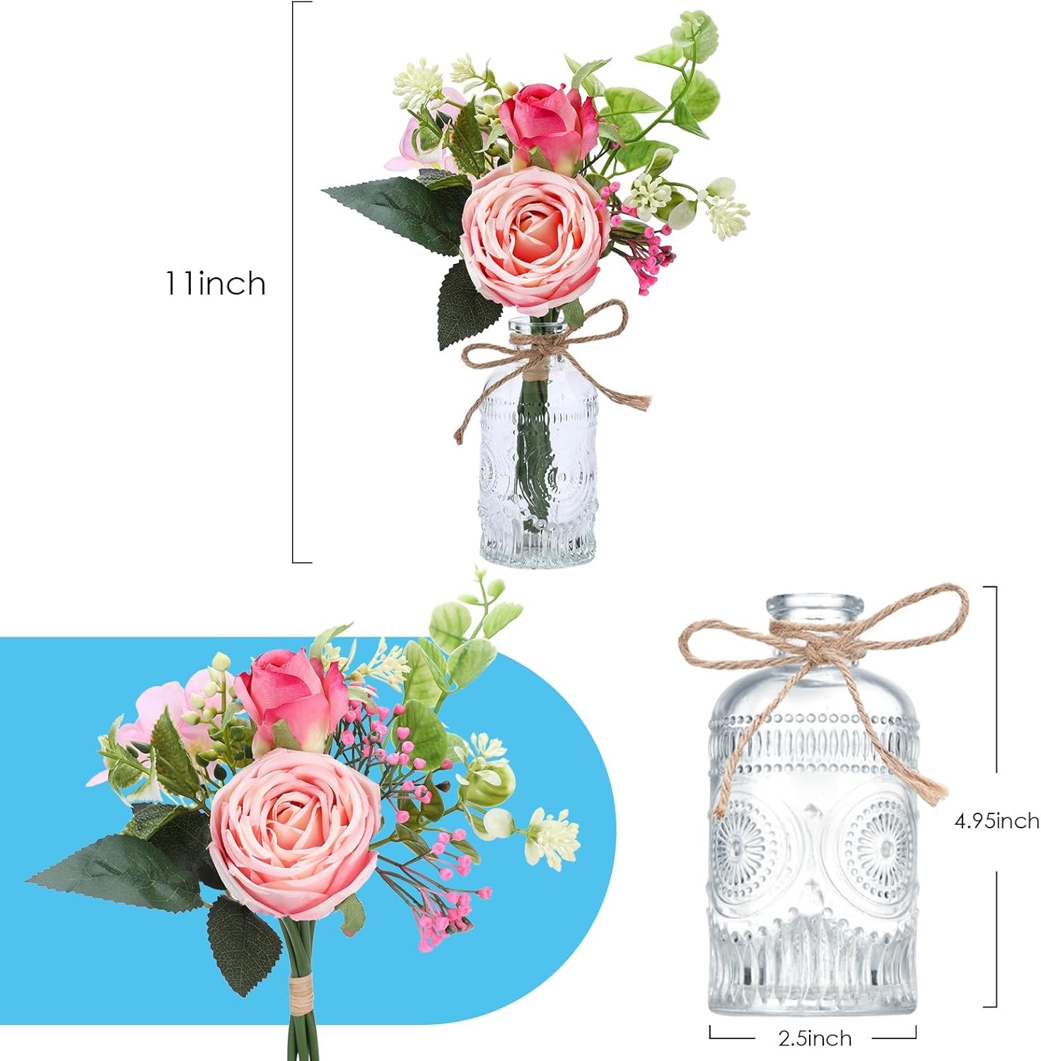 Flowers Bouquet in Small Vase – Pink Rose Artificial Fake Centerpiece Potted