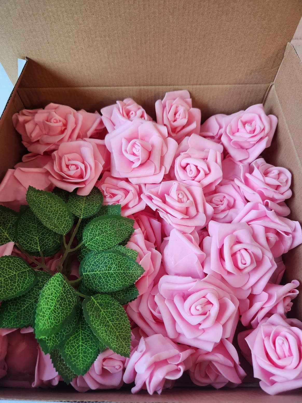 70 Pieces Pink Foam Rose Heads Only (NO Stems) and 6 leaf pieces NEW open box