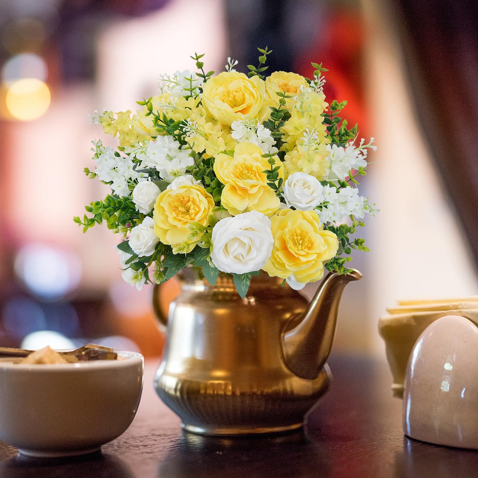 6Pcs Peonies Artificial Flowers Silk Rose Bouquets Yellow White Faux Floral A…