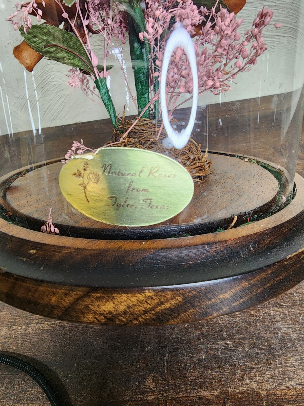 Vintage NATURAL ROSES TYLER TX Dried Flower Glass Dome Cloche Arrangement