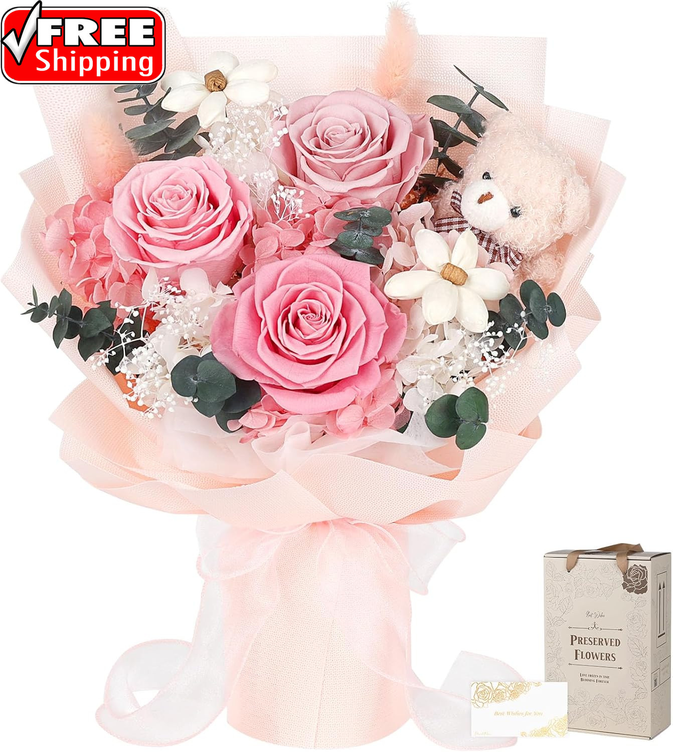Preserved Flowers Bouquet with Bear, 3 Real Forever Flowers for Delivery, Long-L