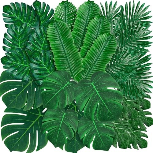 110 Pcs Artificial Tropical Palm Leaves – Large & Small Fake Plants for Luau, Ju