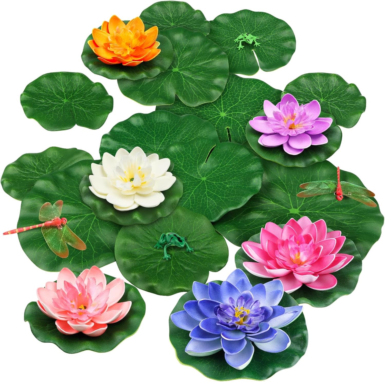 22 Pack Artificial Floating Foam Lotus Flowers with Artificial Frog Lotus Leaves