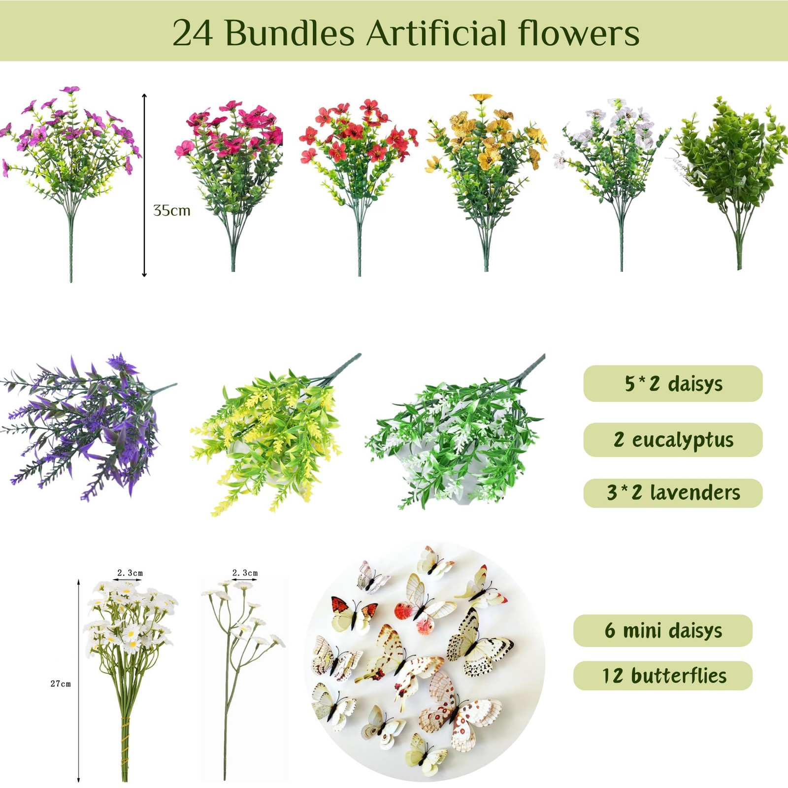 36pcs Artificial Flowers for Outdoors Include 12 Butterflies, UV Resistant Fa…