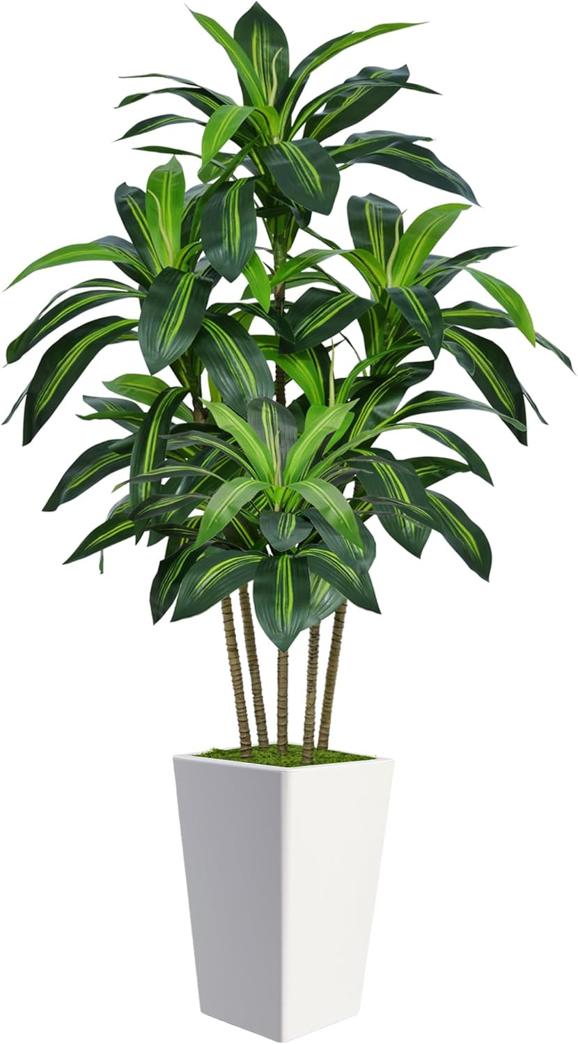 6FT Artificial Dracaena Tree, Fake Tree Indoor with White Tall Planter,Tall Arti