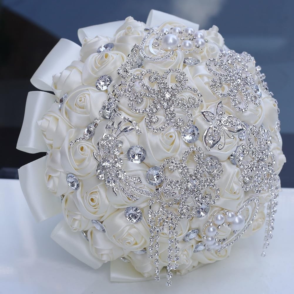Ivory Wedding Bridal Bouquet Bling Rhinestones Brooch Satin Rose 7.1 Inch