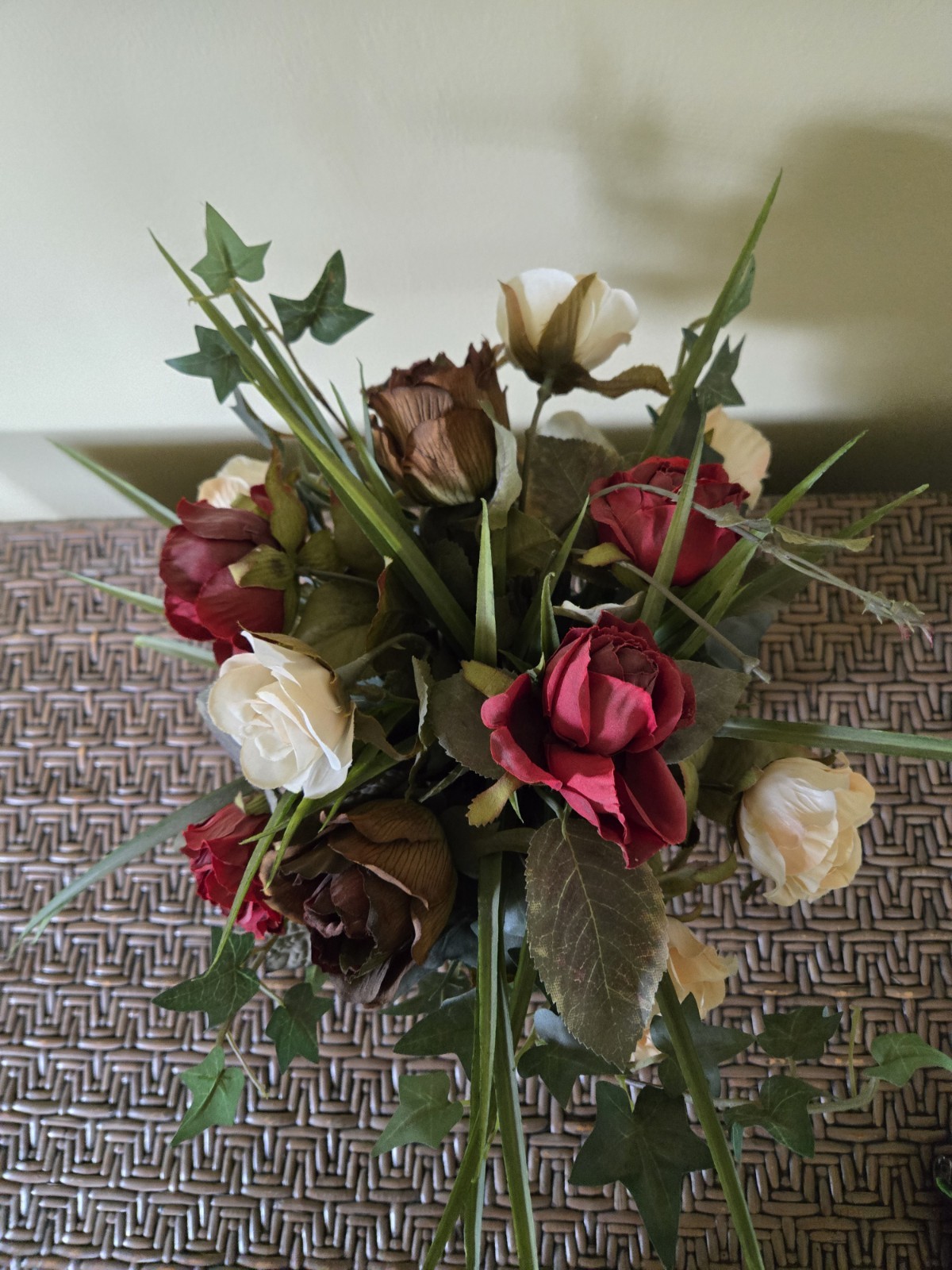 Vintage Rose Floral Arrangement in Footed Metal Pot 12″ Tall Rustic Farmhouse