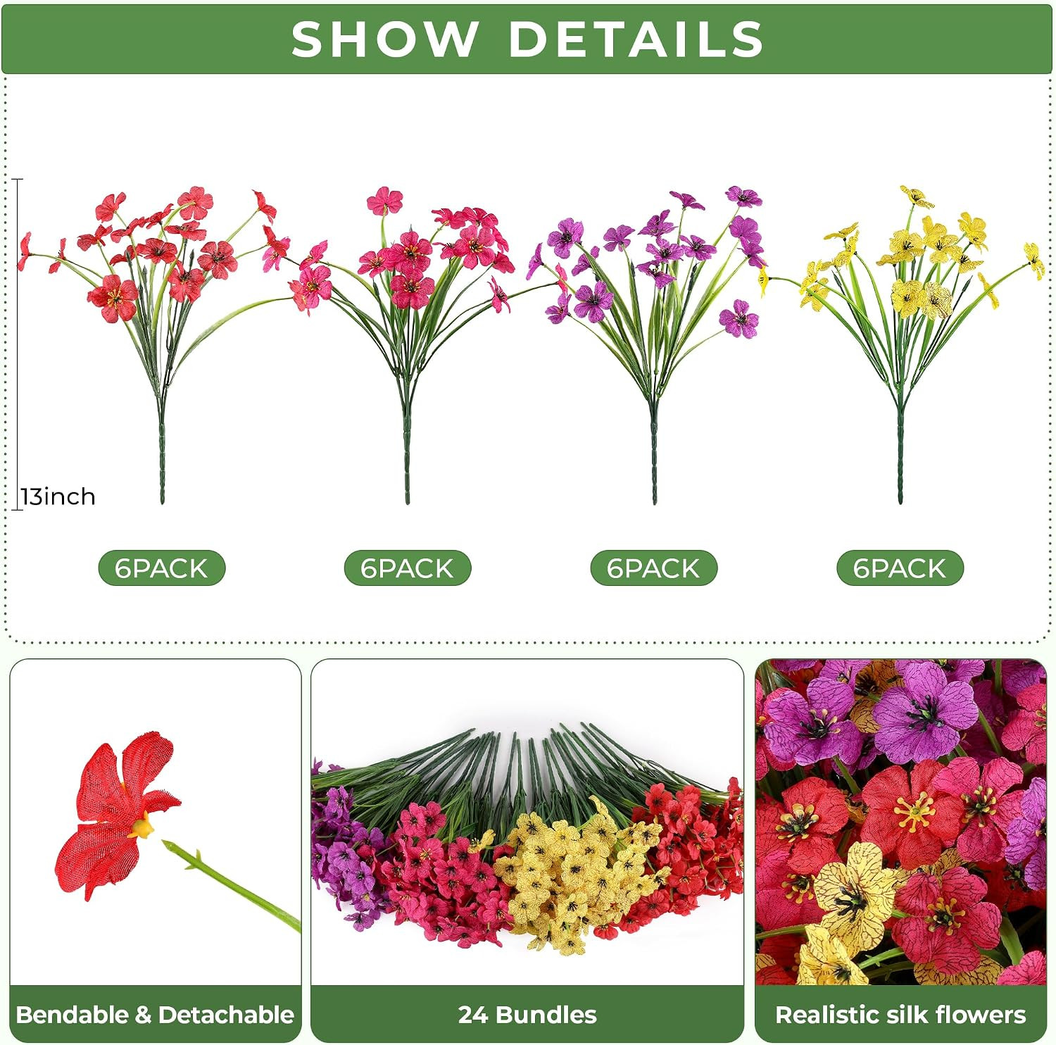 24 Bundles Artificial Flowers for Outdoors Decor, Faux Mums Plants Fake Silk Dai