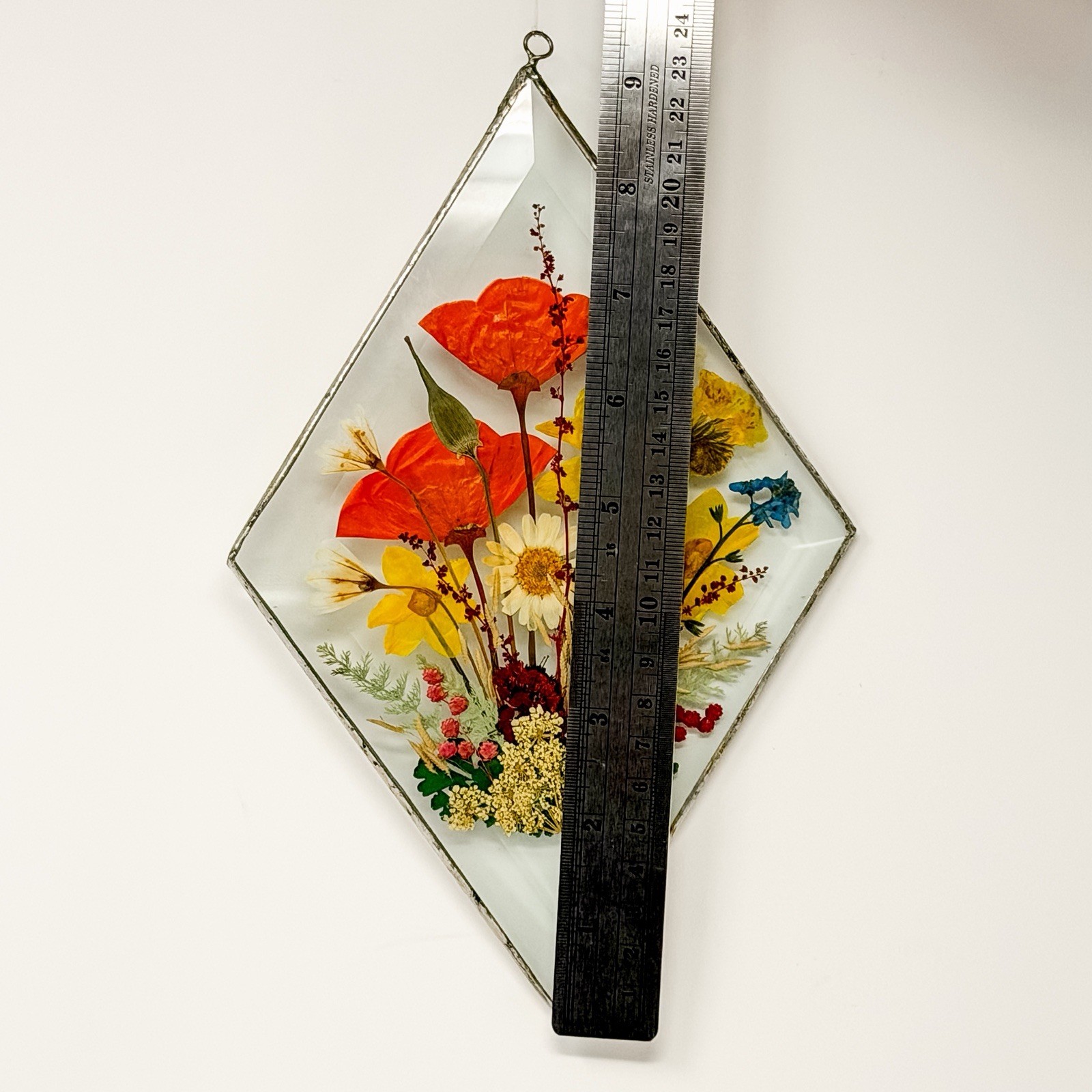Vintage Pressed Flower Glass Suncatcher Hanging Panel Soldered Metal Frame 6×9