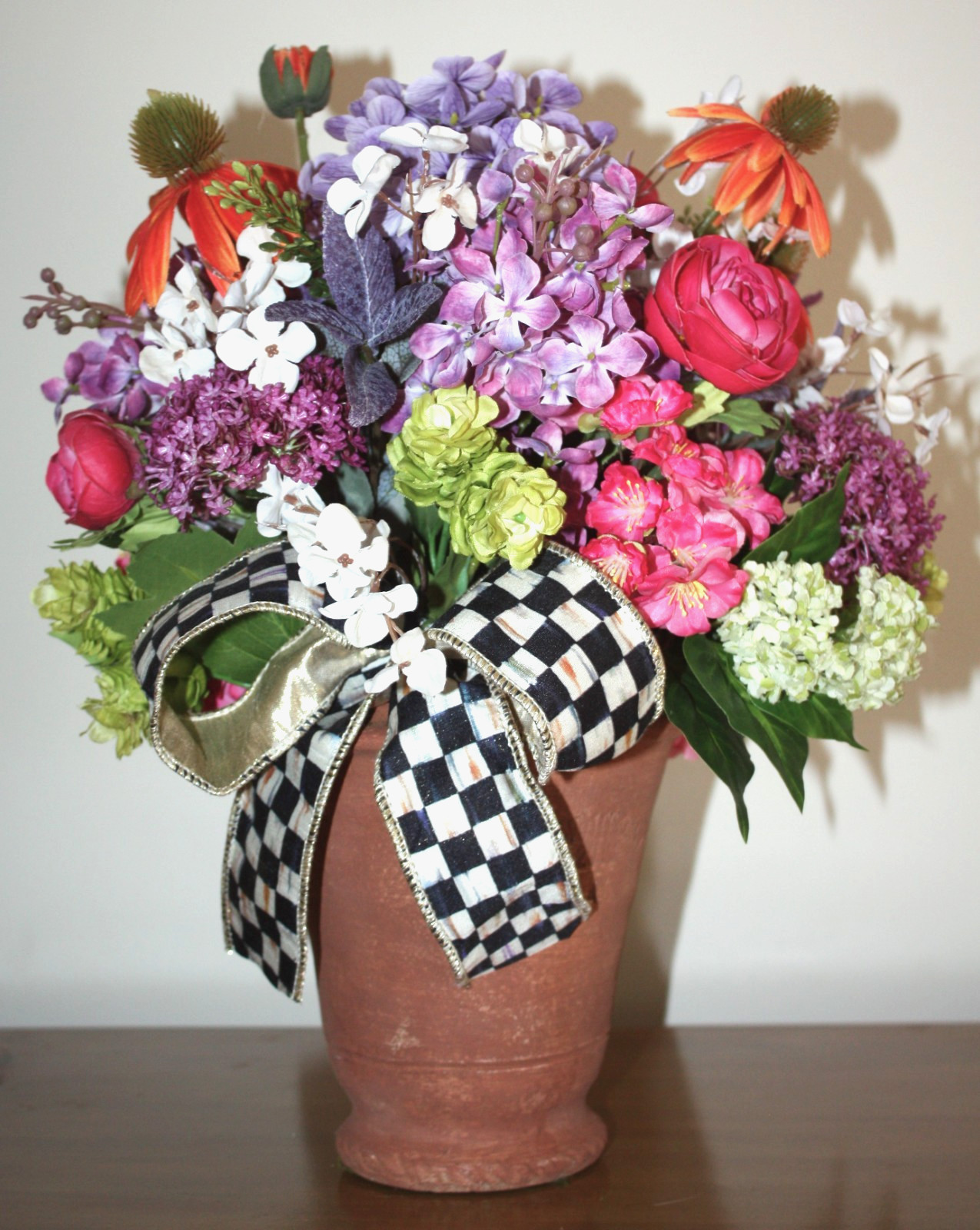 Faux Floral Arrangement Potted in G. Wolff Planter With Mackenzie Childs Bow!