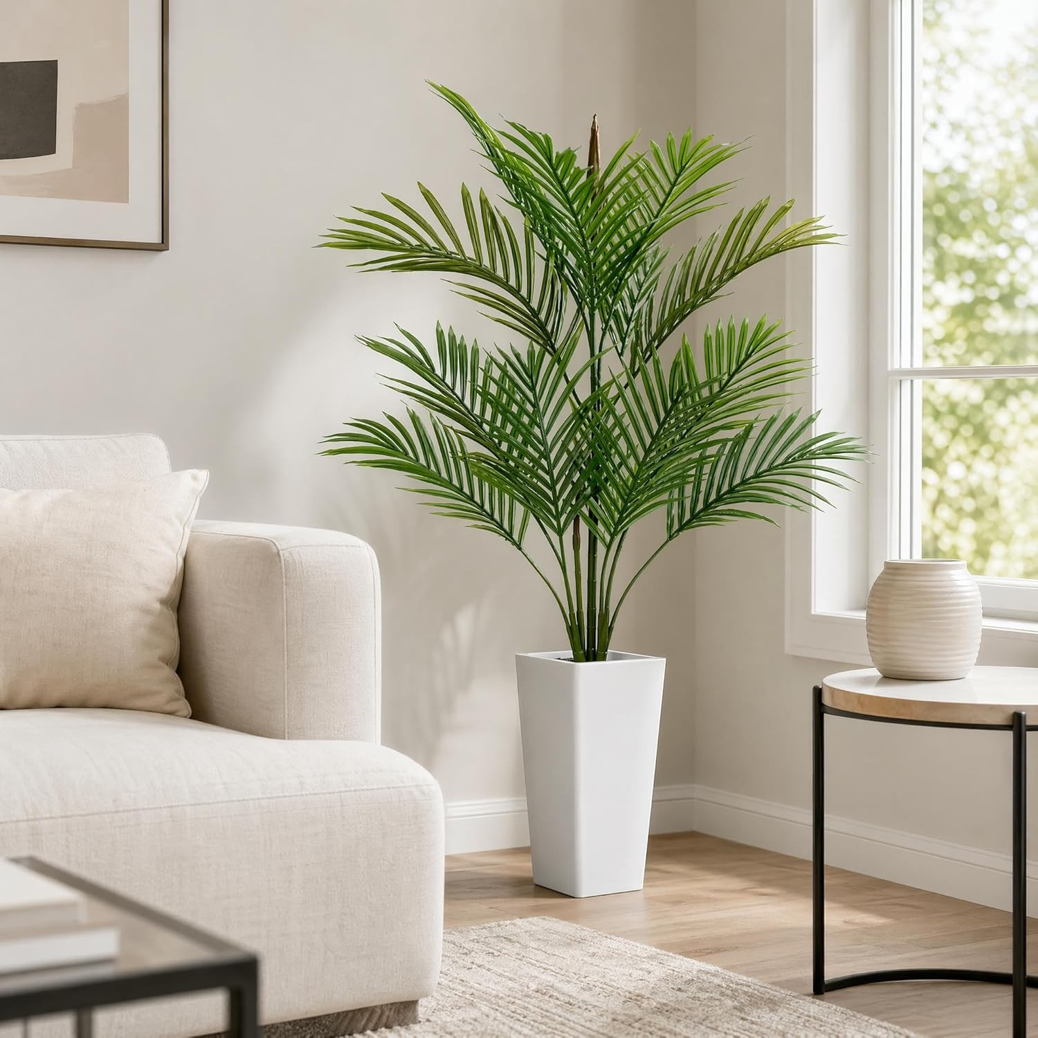 4.5FT Artificial Palm Tree, Tall Faux Plants Indoor Tropical Areca with White Pl