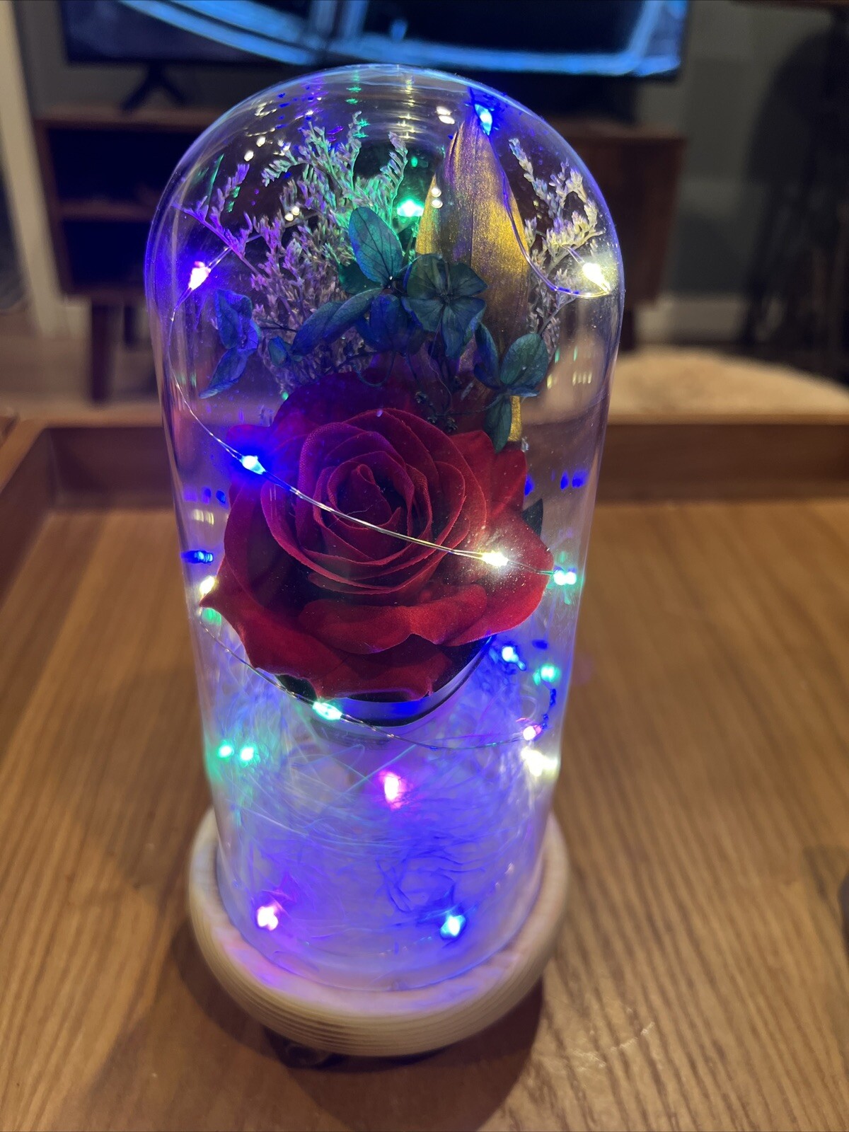 Everlasting Romantic Colorful Rose In A Glass Dome Gifts for Her Light Up