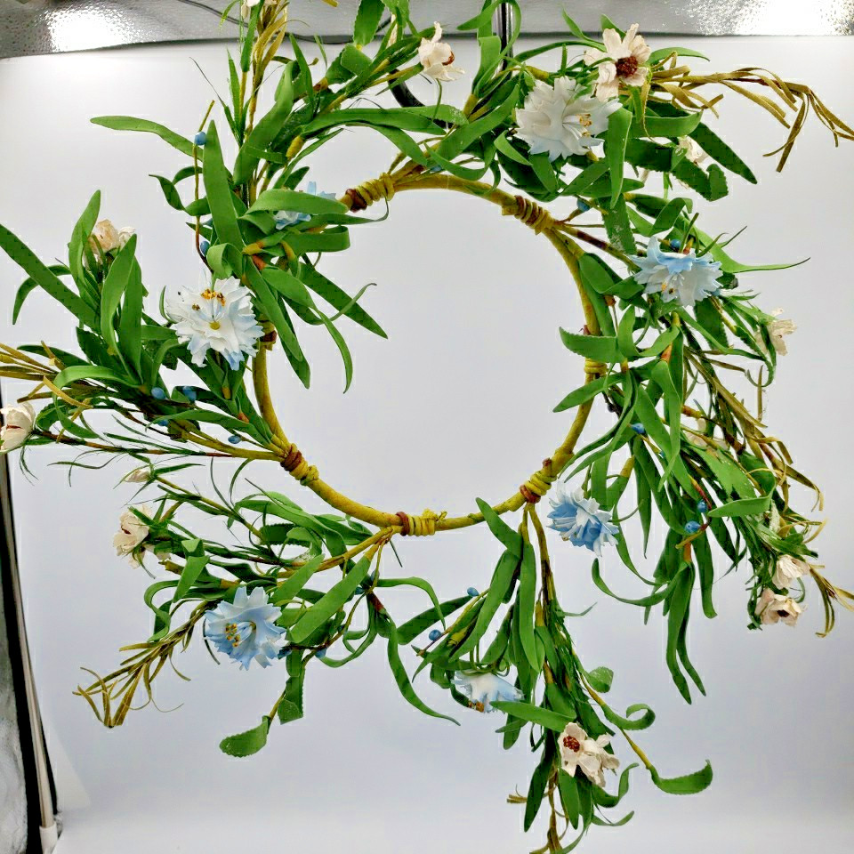 Primitive Floral Candle Ring Wreath Blue Flower Pips Cottage Spring Summer 6″ id