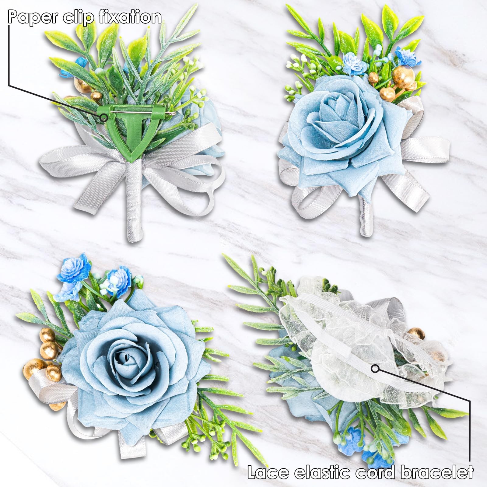 2 Pcs Blue Rose Wrist Corsage and Boutonniere Set, Rose Corsage Hand for Wome…