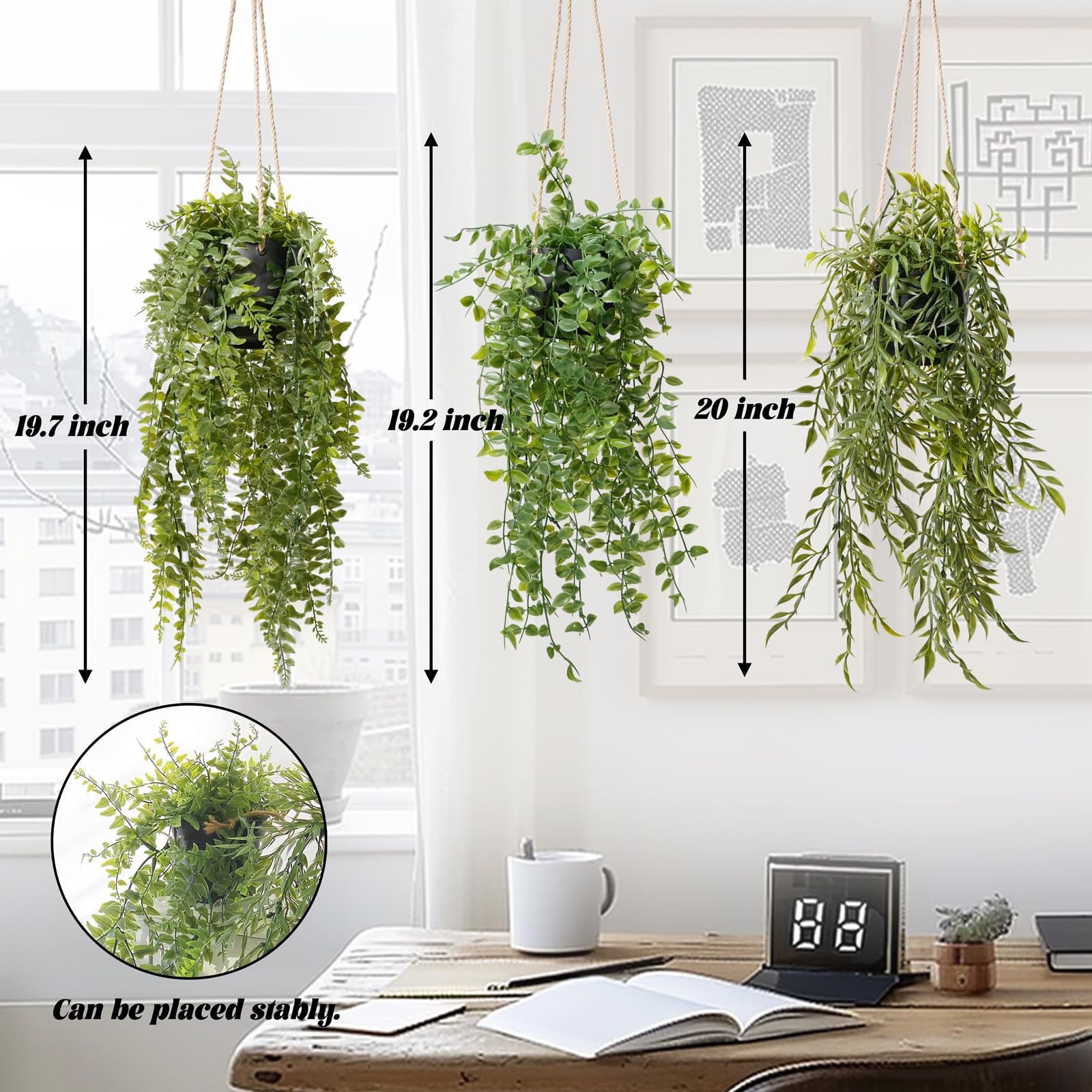 3 PCS 20″ Artificial Hanging Plants Black Pots Fake Fern Mandala Vine Decor