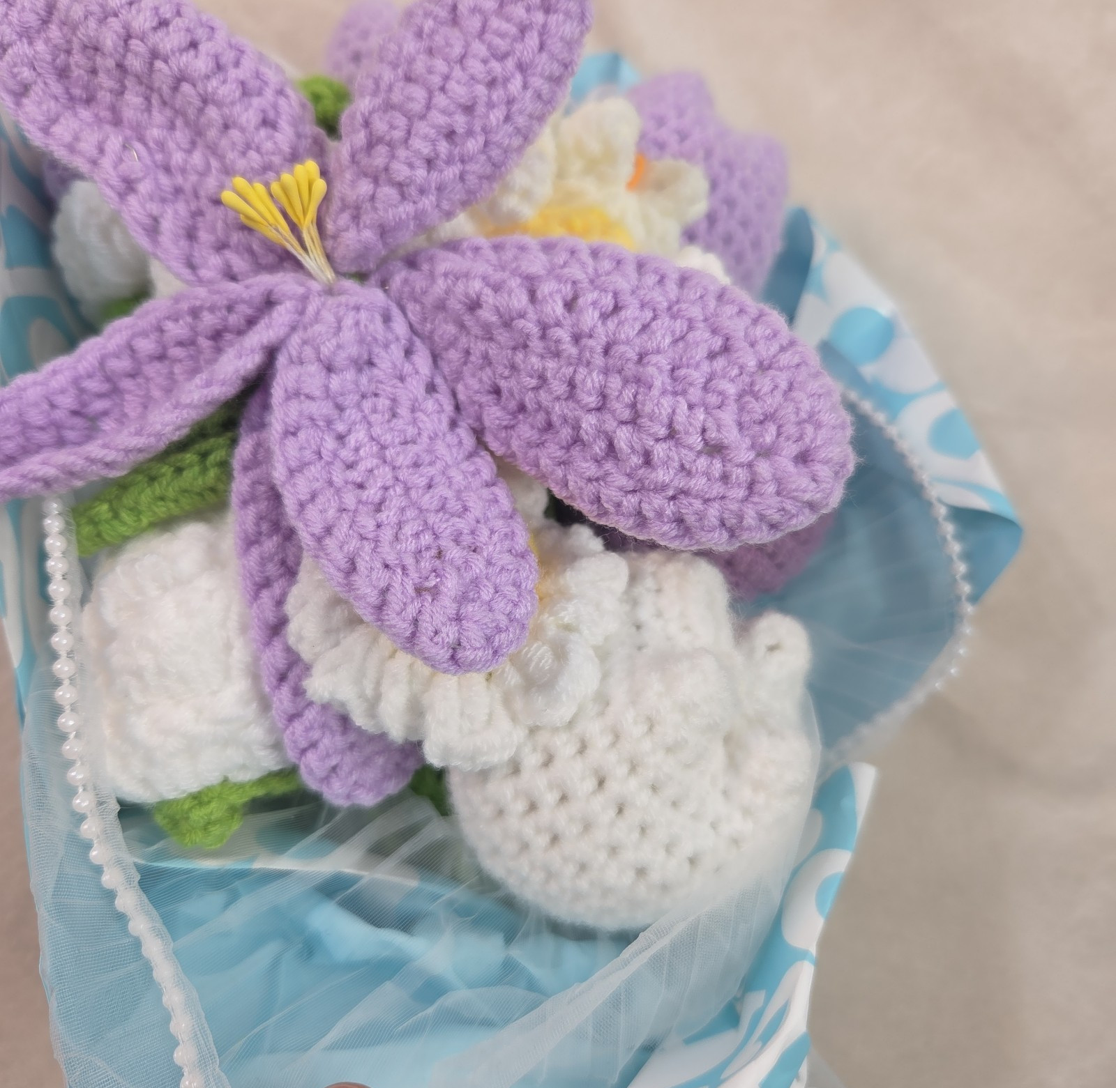 Crochet Flower Bouquet Purple Handmade Knitted Flowers Rose Tulips Bunch Bundle