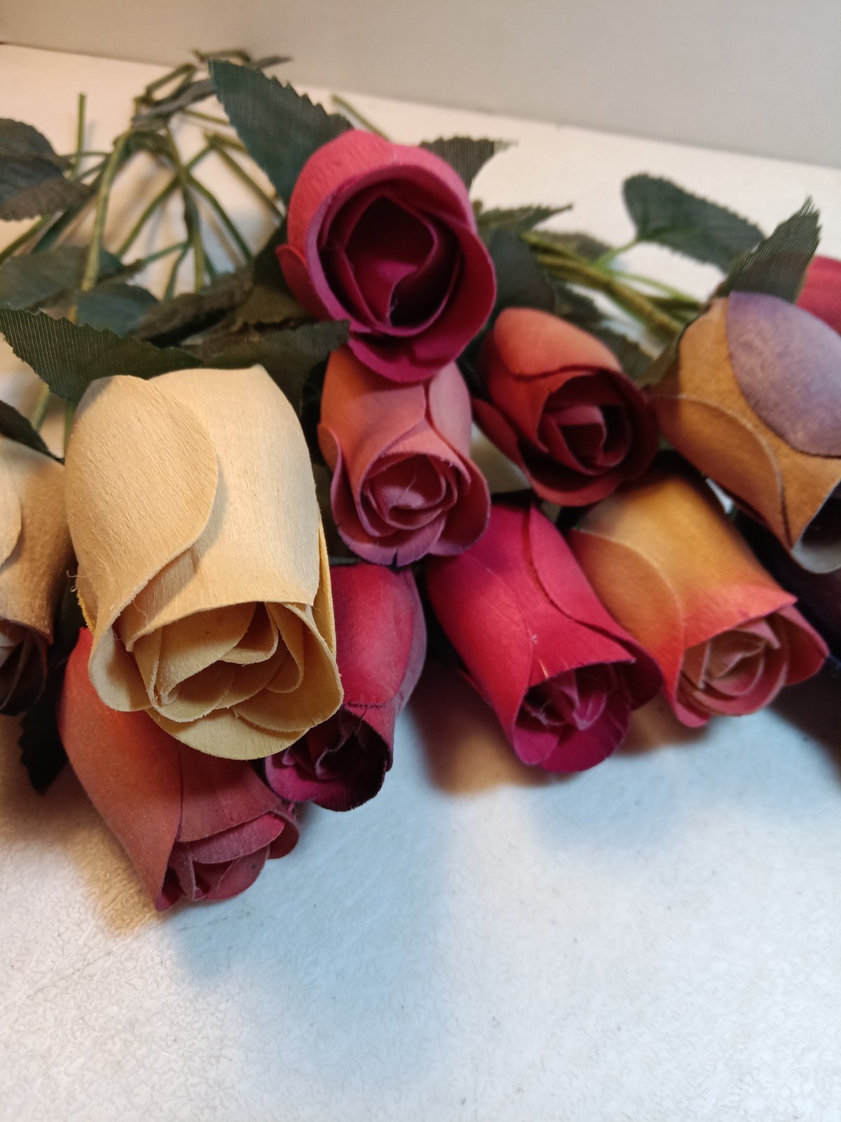 Bundle Of 17 Shaved Wood Rose Buds on stems, Assorted Colors