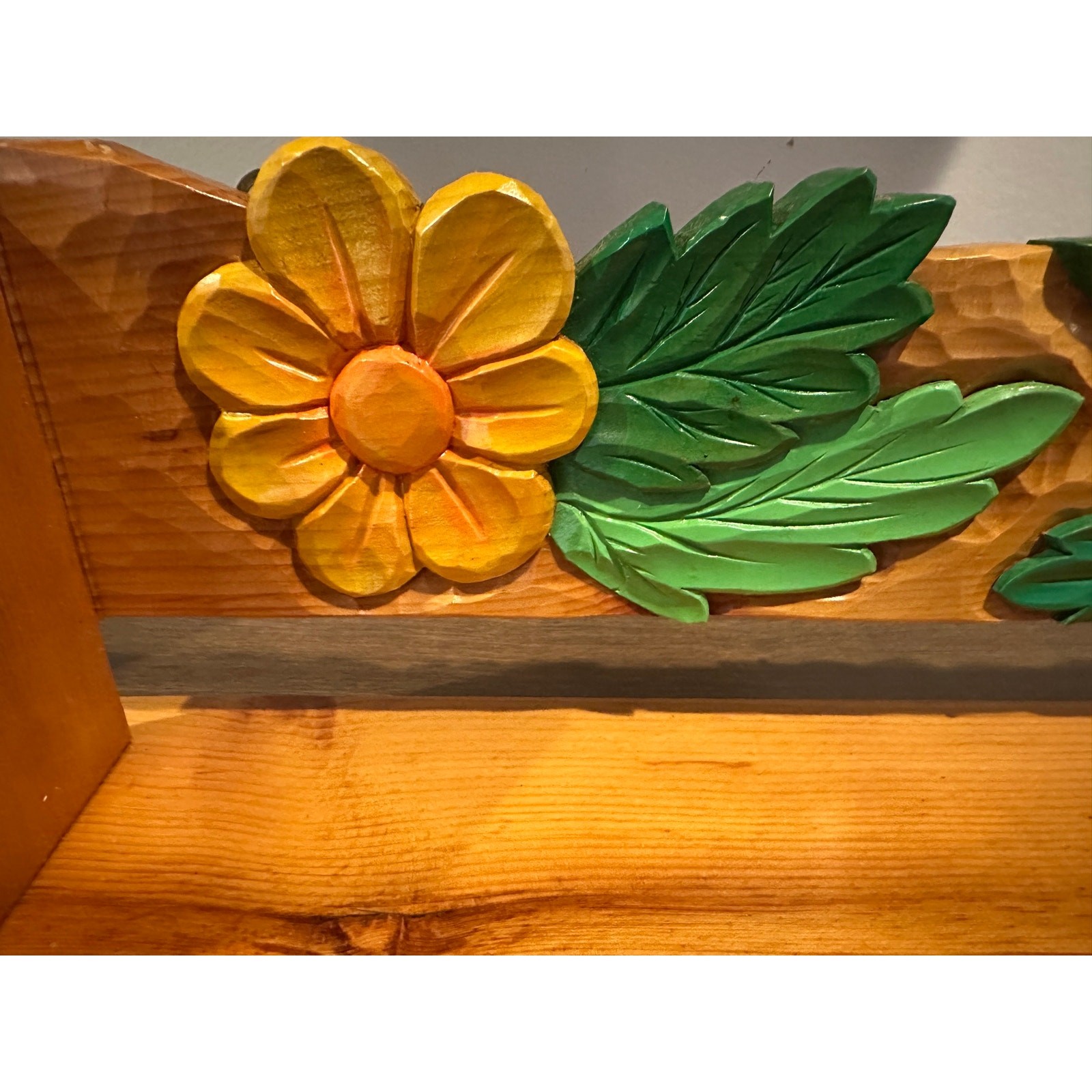VTG Brazilian Hand Carved Floral Wood Wall Shelf Folk Art Hand Painted 19.25″