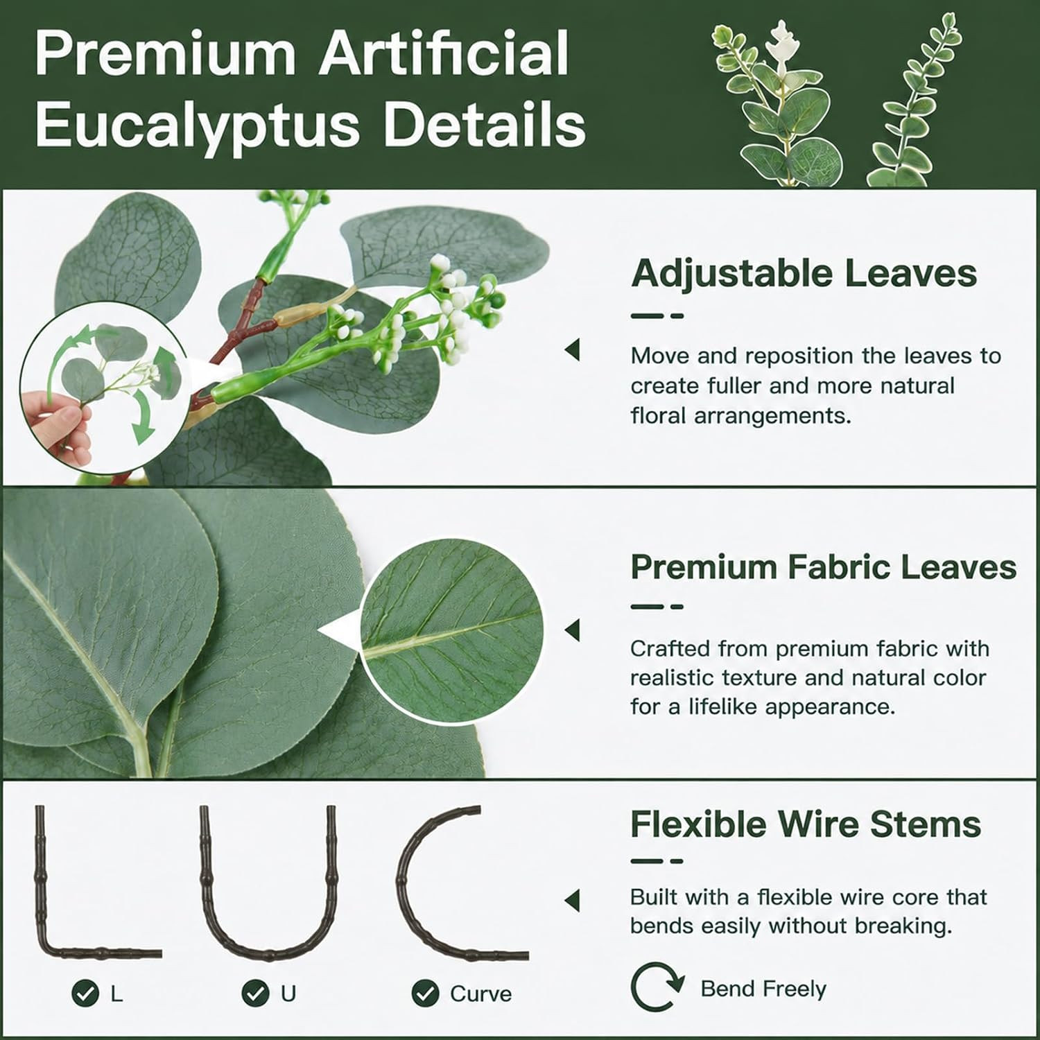100 Pcs Mixed Artificial Eucalyptus Stems Leaves Bulk, 4 Kinds Faux Greenery Sil