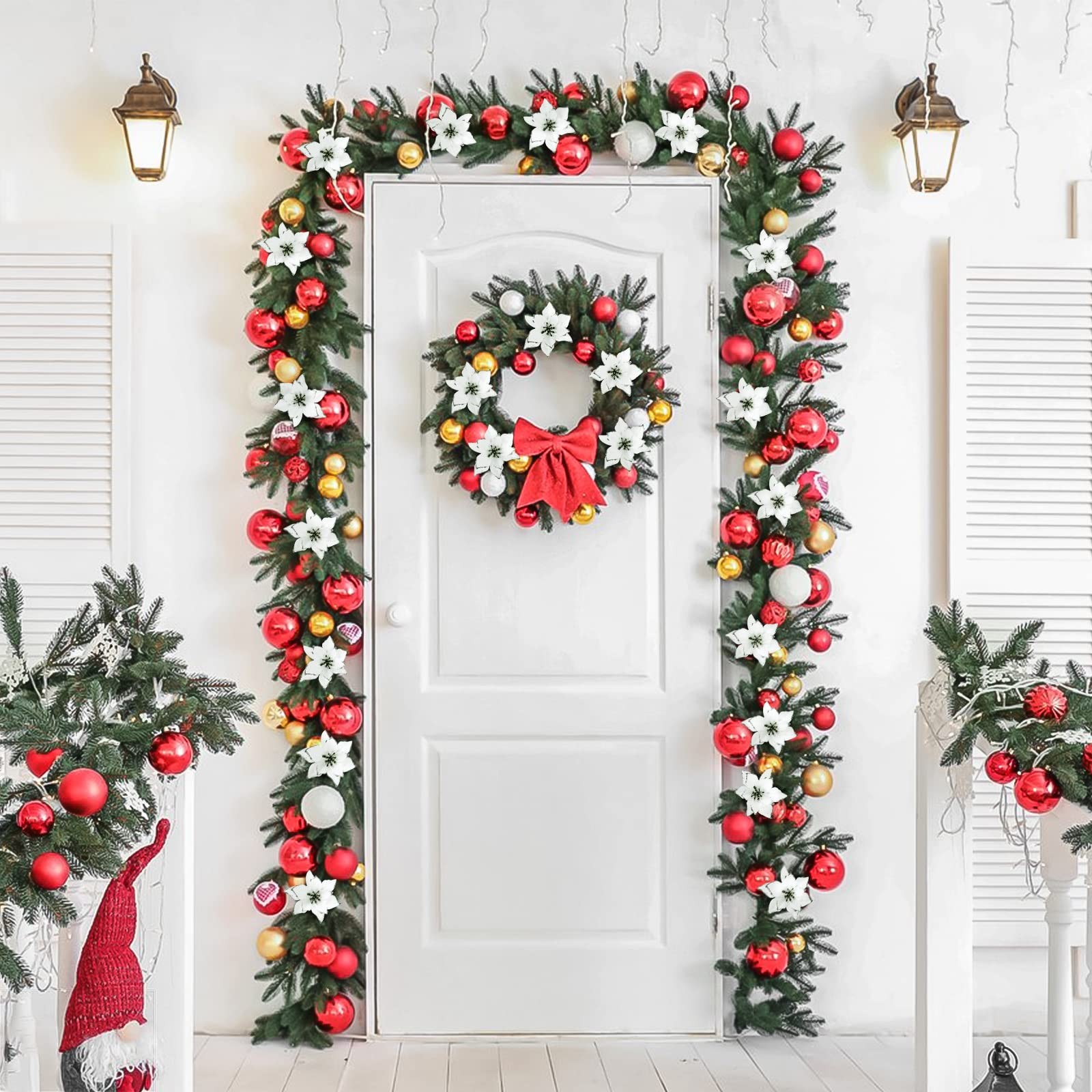 12 Pack White Glitter Poinsettia Ornaments, Christmas Tree, Flowers, Decor,Clips