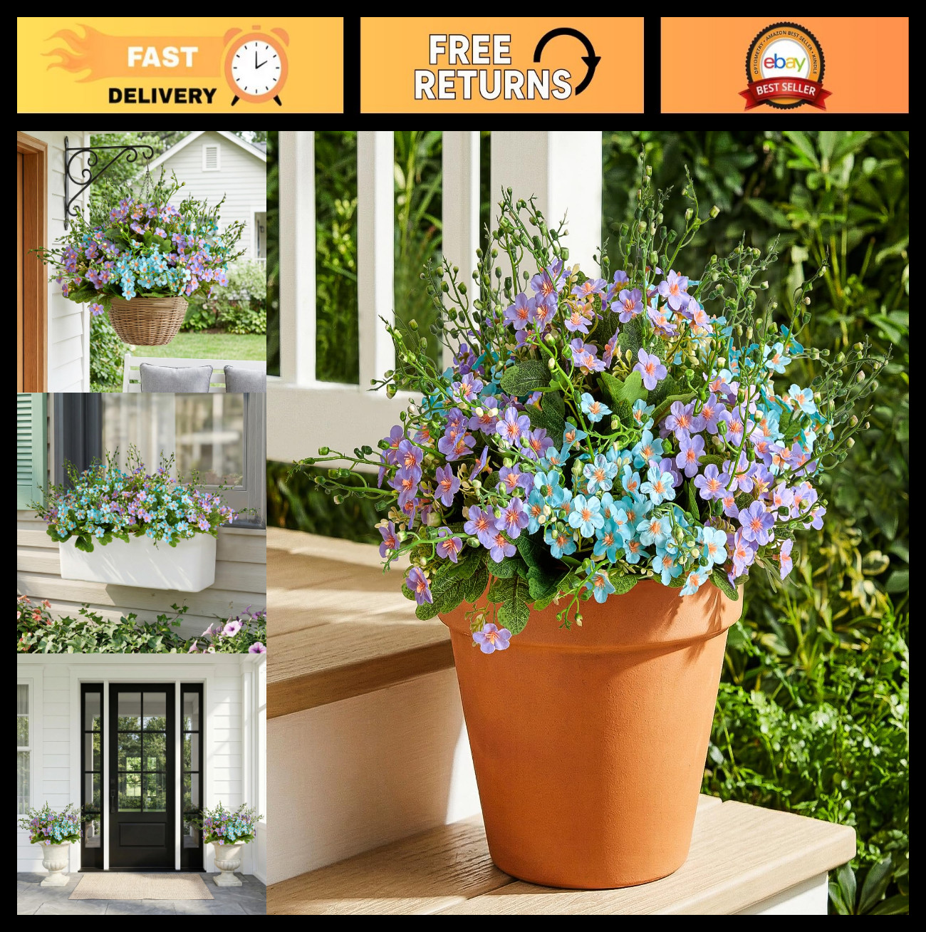Artificial Flowers for Outdoors – Blue & Purple Forget-Me-Not Faux Plants, 4 Bun