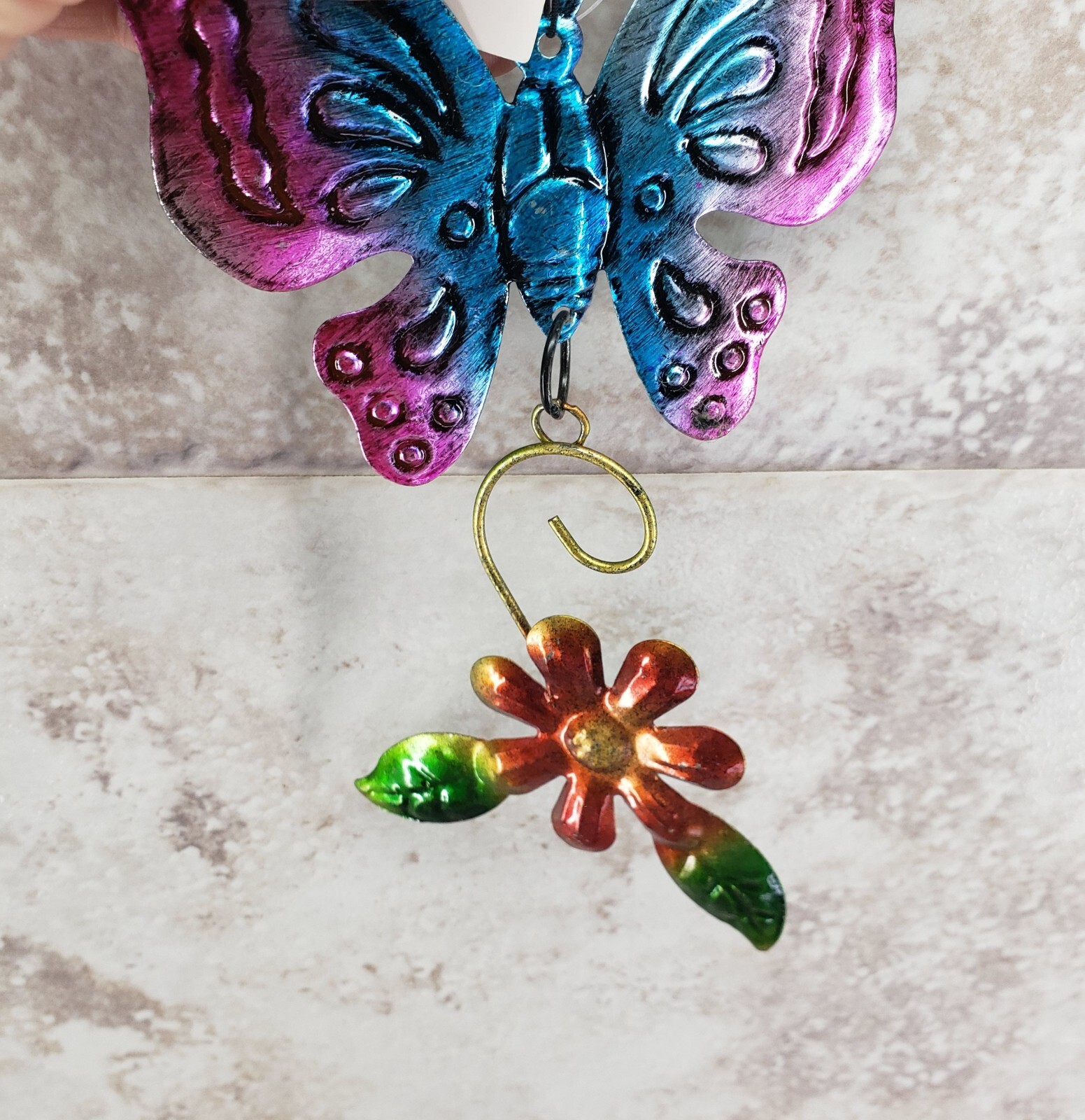 Butterfly & Flower Decorative Hanging Indoor Outdoor Metal Sign True Living NWT