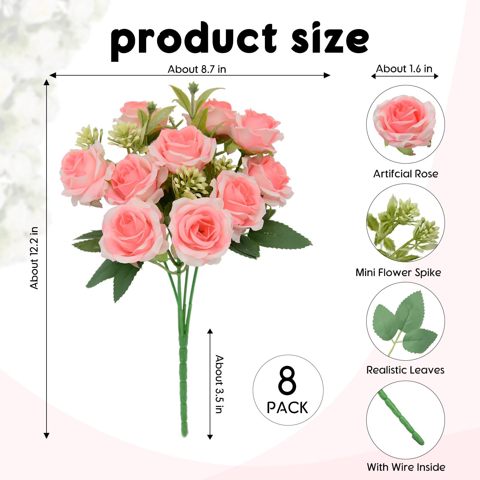 8 PCS Light Pink Artificial Rose Flowers Bouquet 10 Heads Per Pack Silk