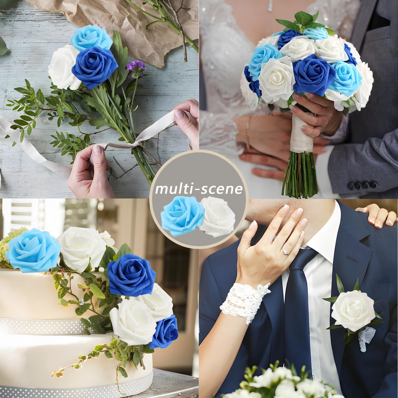 100 Pcs Blue Artificial Roses Real Looking Foam Fake Flowers With Leaves