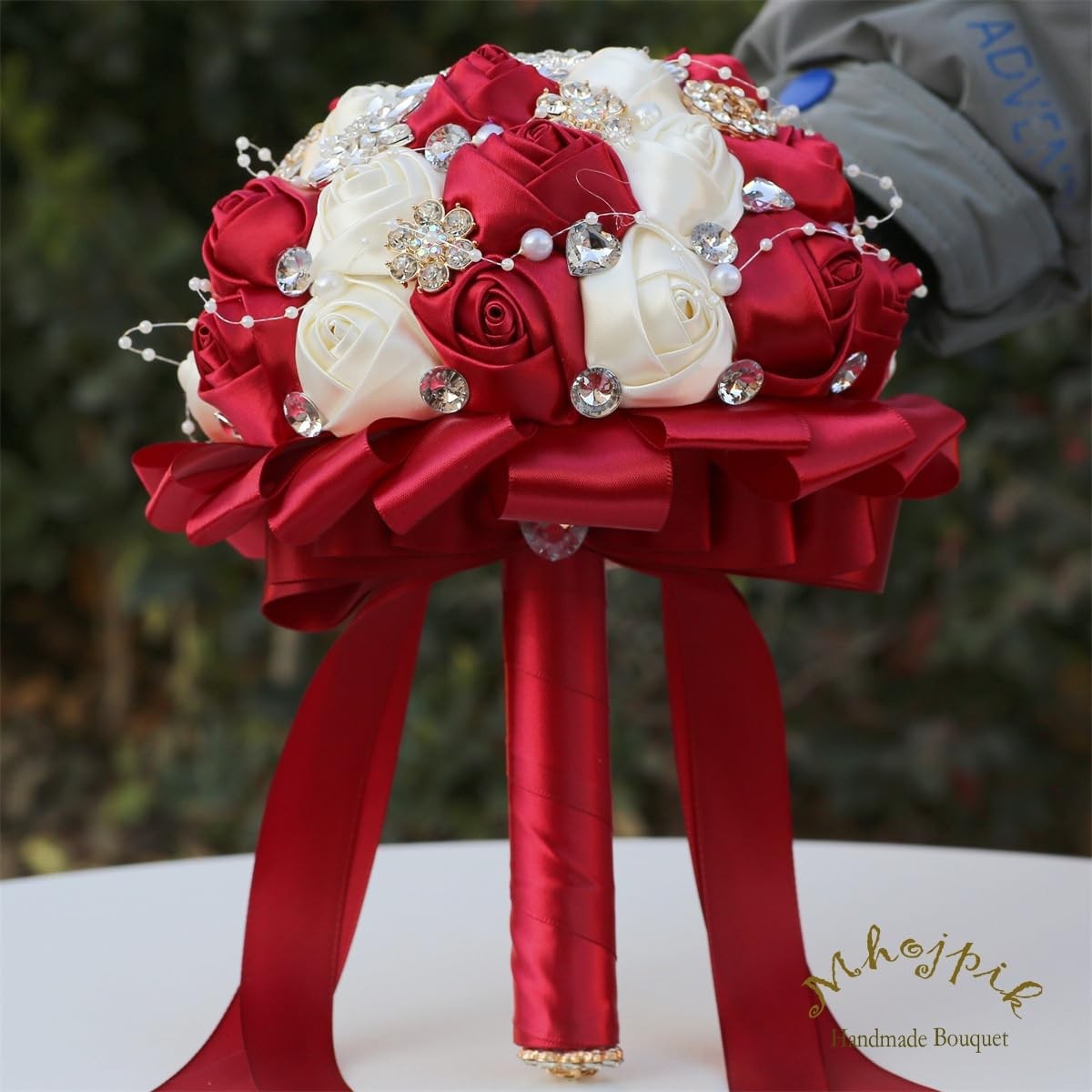 6.3 Inch Dark Red Ivory Bridal Wedding Bouquet Artificial Rose Toss Bunch