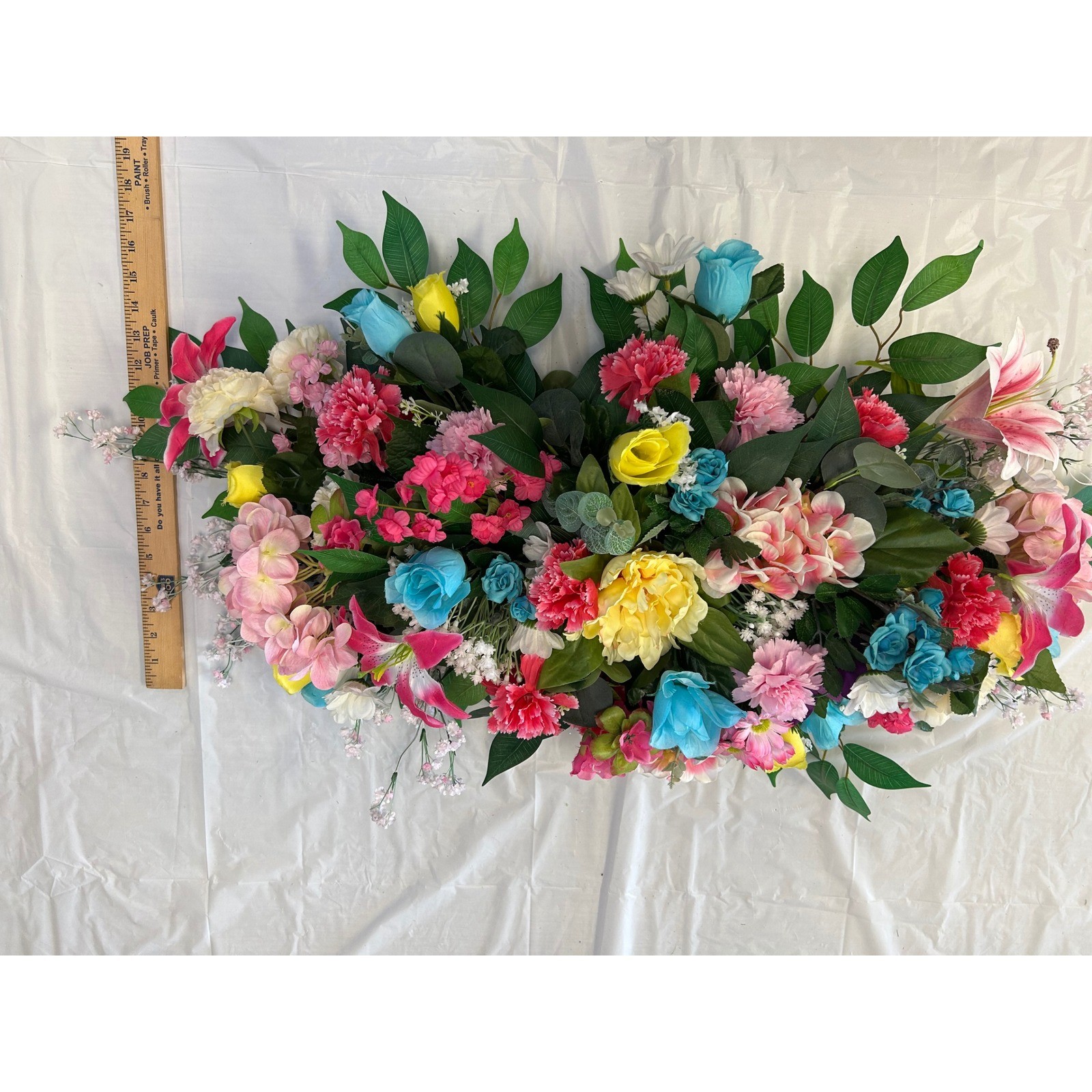 Multi Color Floral Saddle Cemetery Headstone Spray Faux Lilies Roses 34 Inch