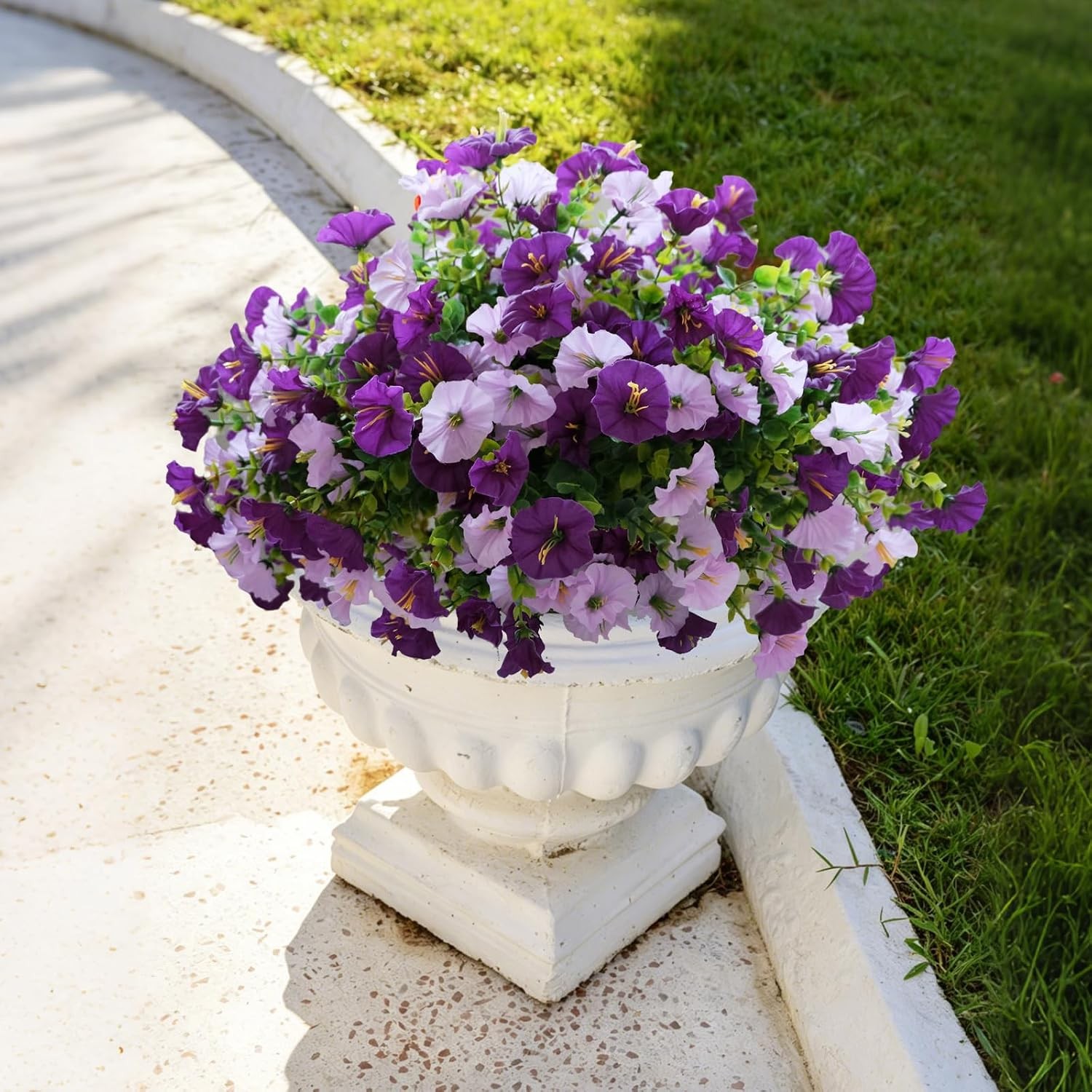 Artificial Fake Outdoor Flowers for Spring Summer Decor, 3 Bundles Faux Purple B