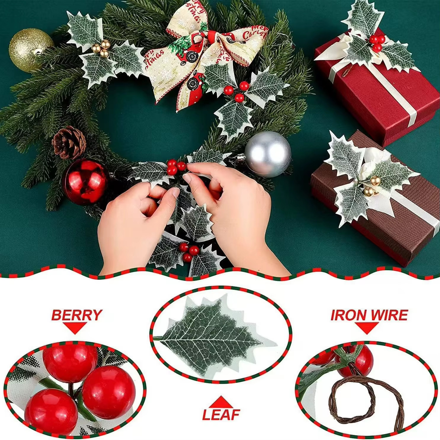 10/50pcs Artificial Holly Berries With Green Leaves DIY Christmas New Year Decor